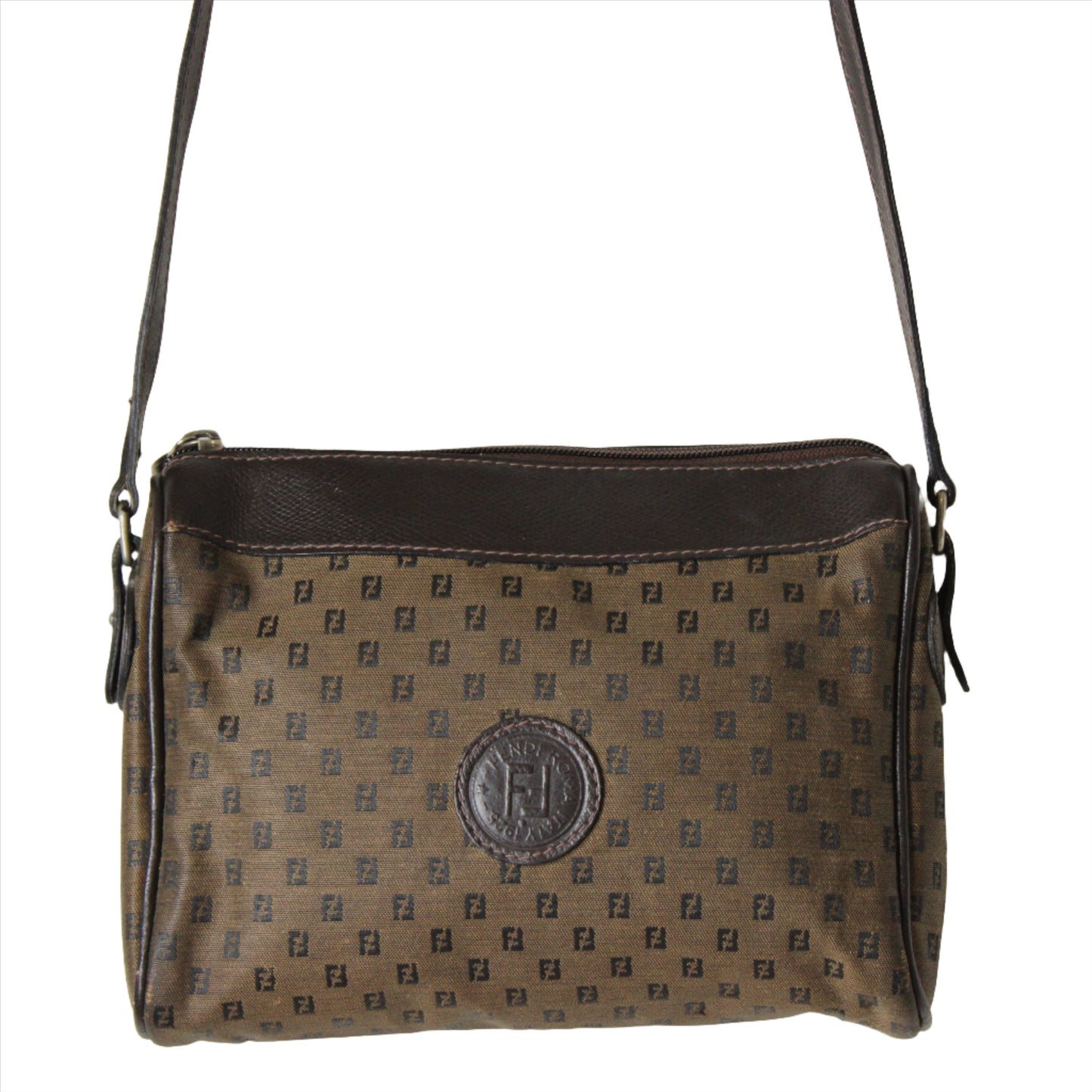 Fendi Zucca FF Canvas Brown Leather Trim Crossbody Bag