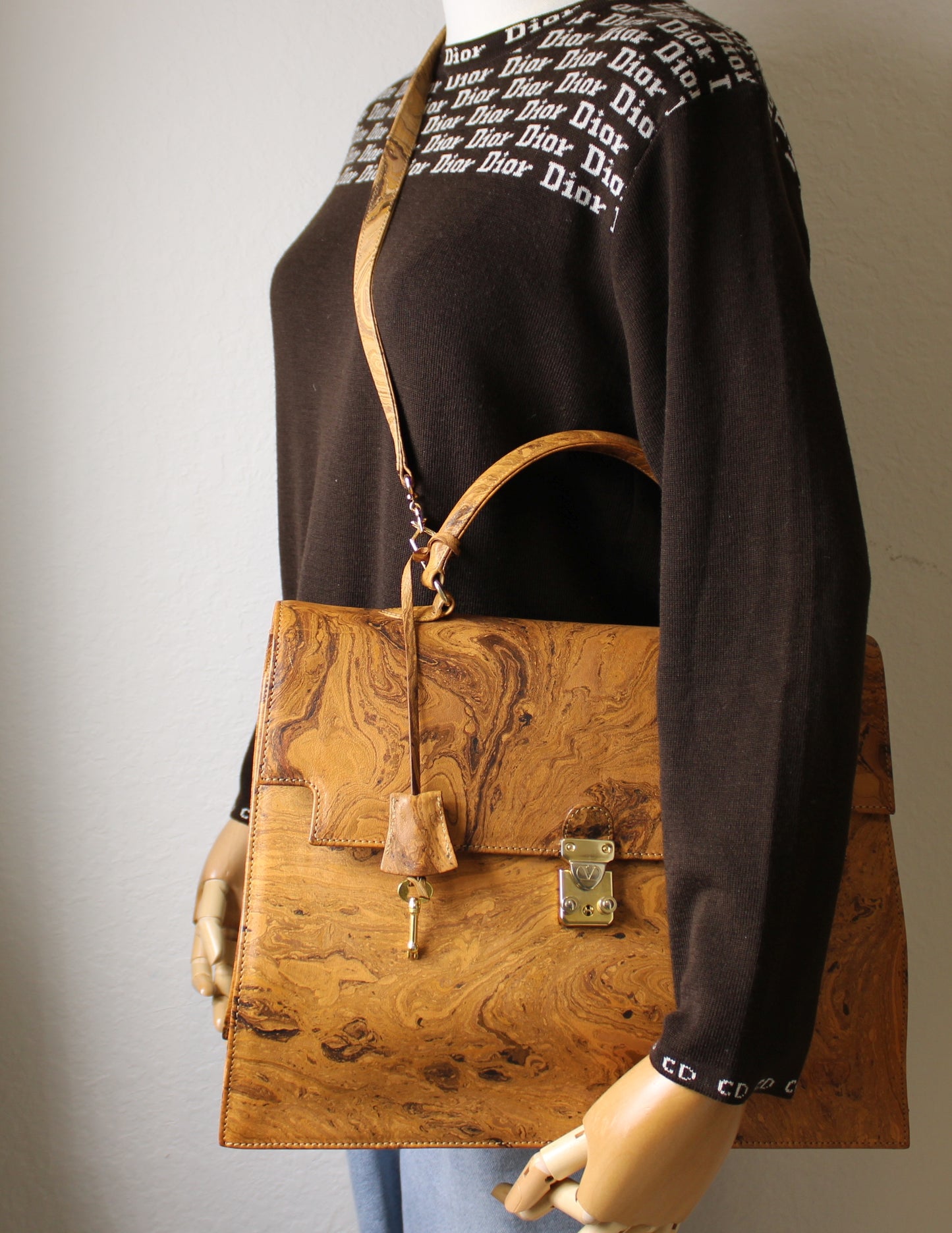 Valentino Garavani Marble Leather Crossbody Joy Lock Briefcase Bag Vintage