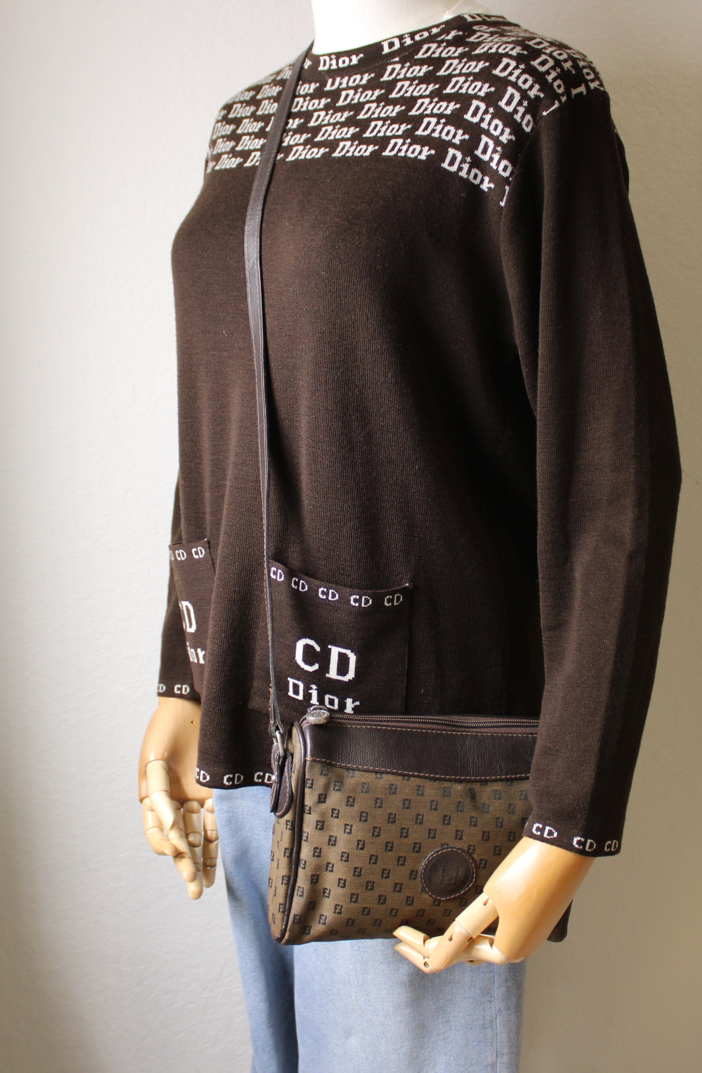 Fendi Zucca FF Canvas Brown Leather Trim Crossbody Bag