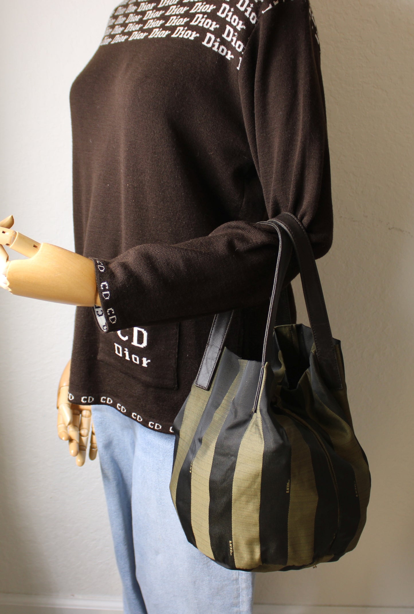 Fendi Brown Pequin Striped Canvas Foldable Bucket Bag Leather Straps