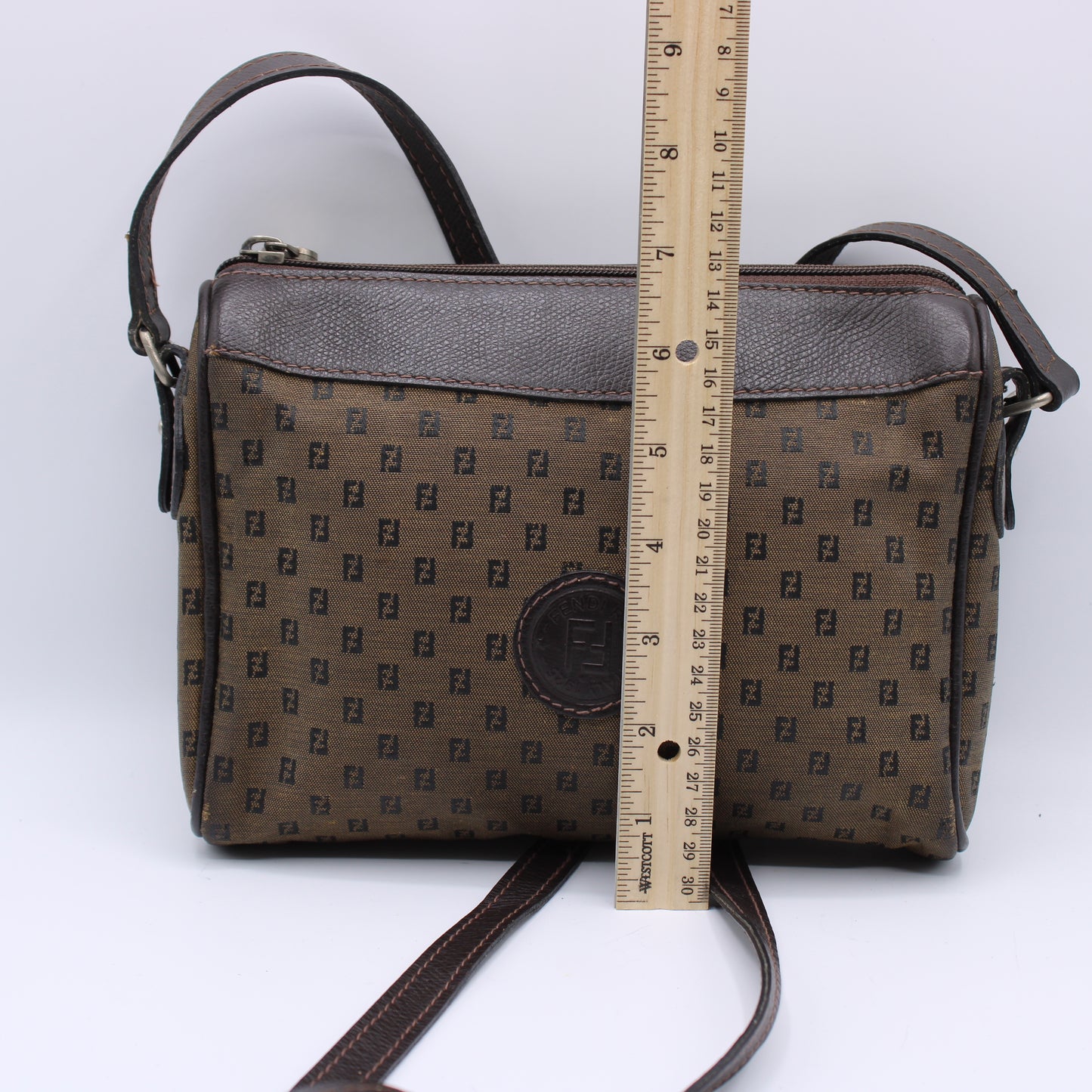 Fendi Zucca FF Canvas Brown Leather Trim Crossbody Bag