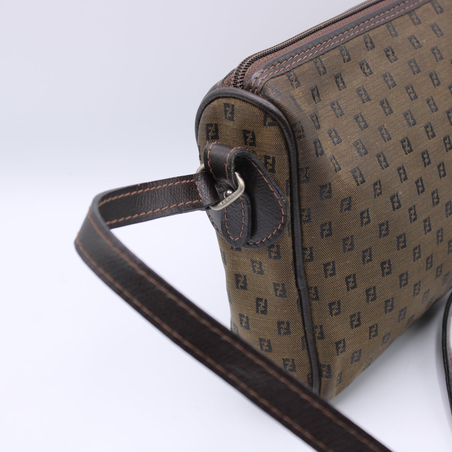 Fendi Zucca FF Canvas Brown Leather Trim Crossbody Bag