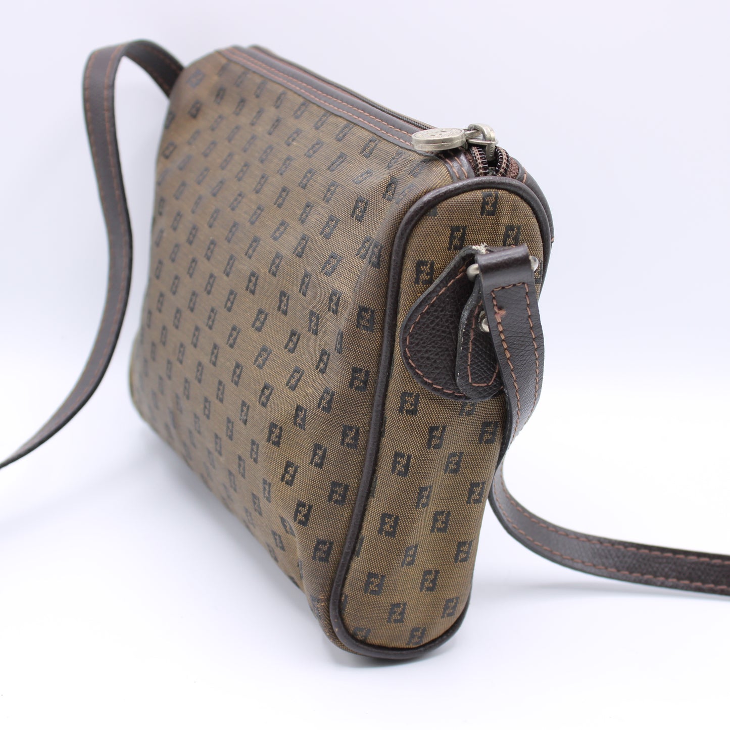 Fendi Zucca FF Canvas Brown Leather Trim Crossbody Bag