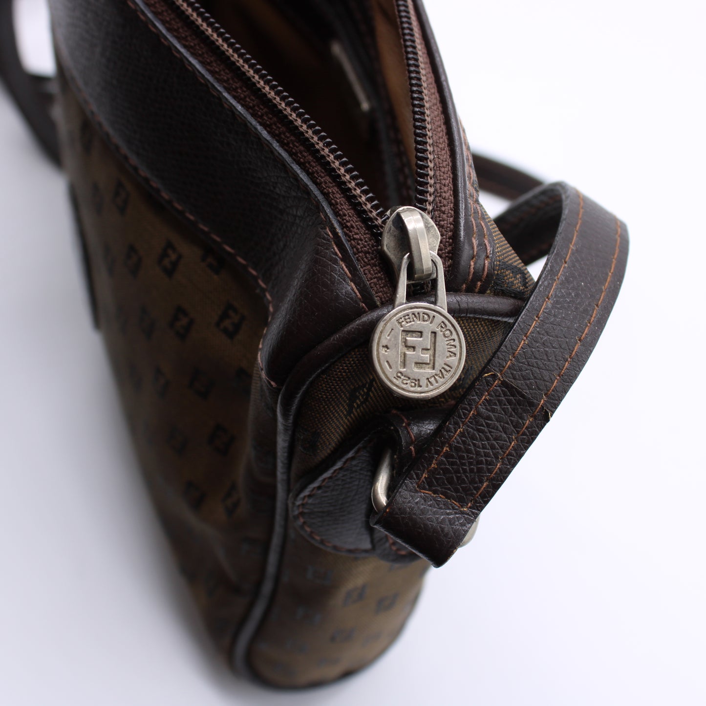 Fendi Zucca FF Canvas Brown Leather Trim Crossbody Bag