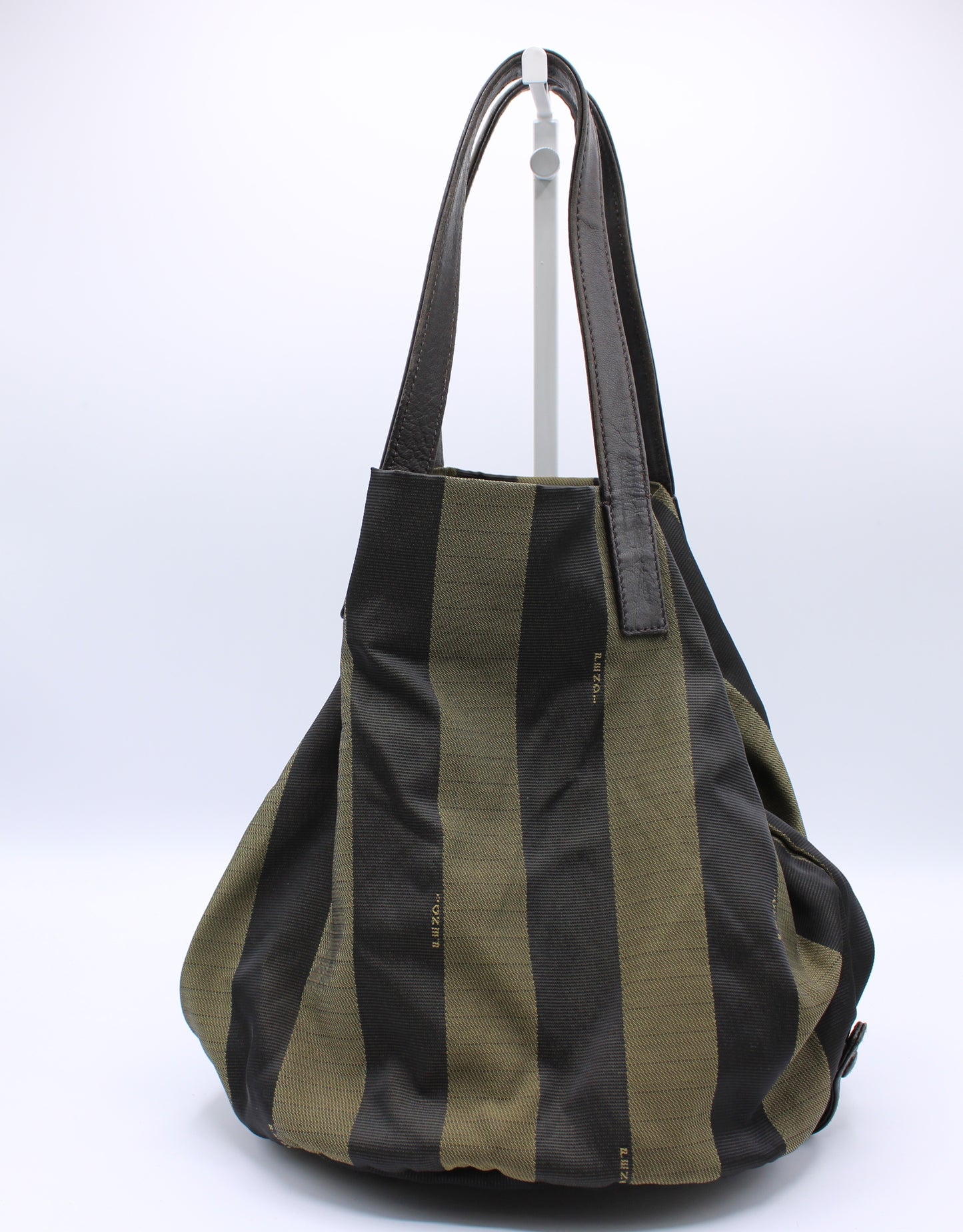 Fendi Brown Pequin Striped Canvas Foldable Bucket Bag Leather Straps