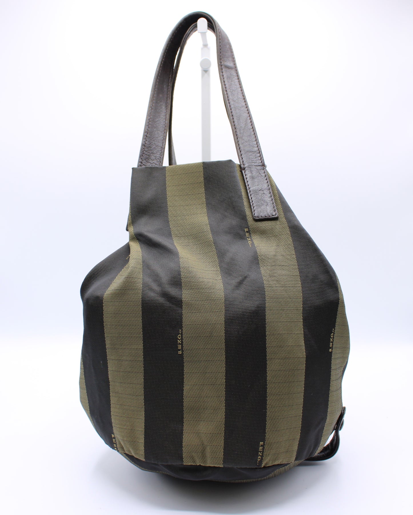 Fendi Brown Pequin Striped Canvas Foldable Bucket Bag Leather Straps