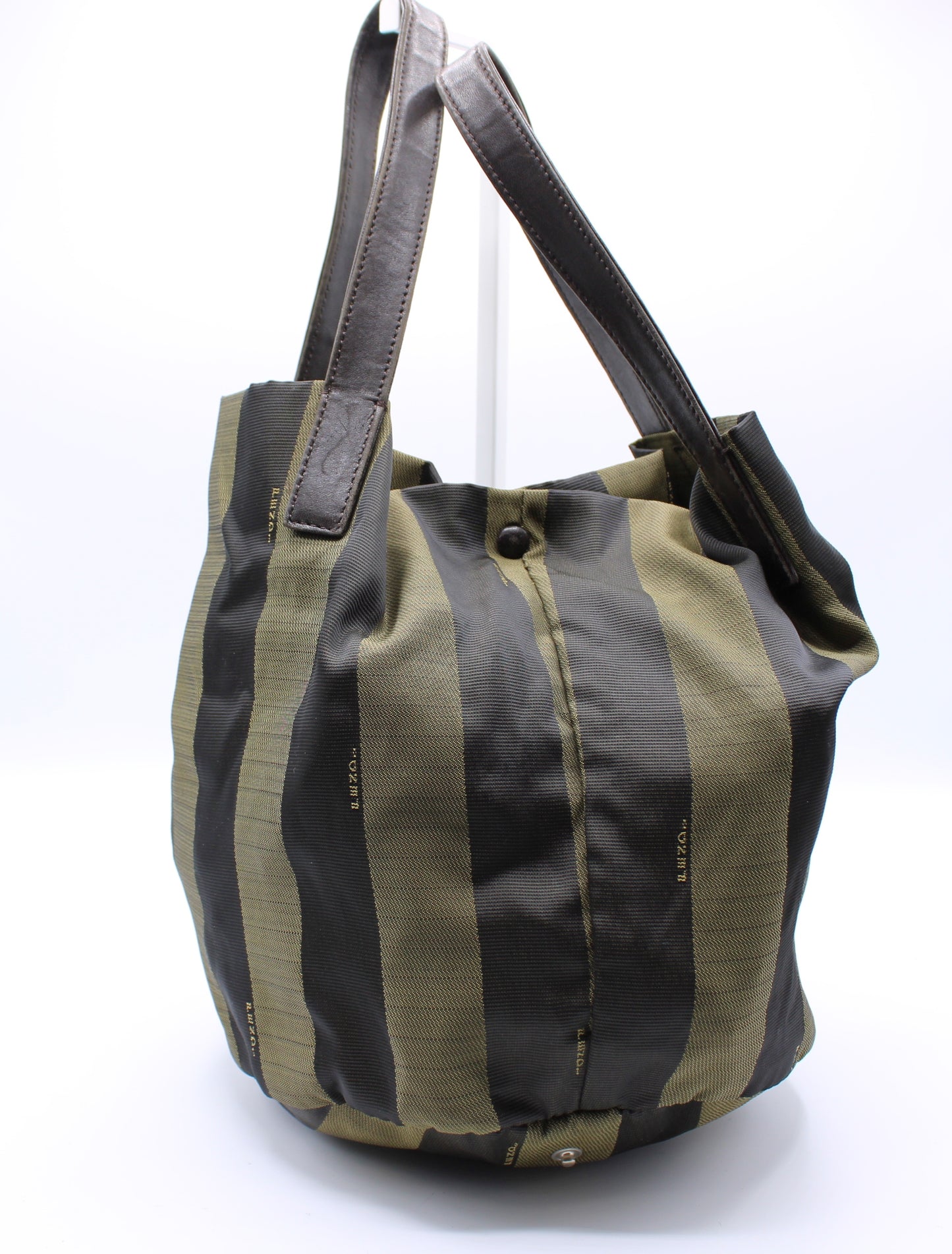 Fendi Brown Pequin Striped Canvas Foldable Bucket Bag Leather Straps