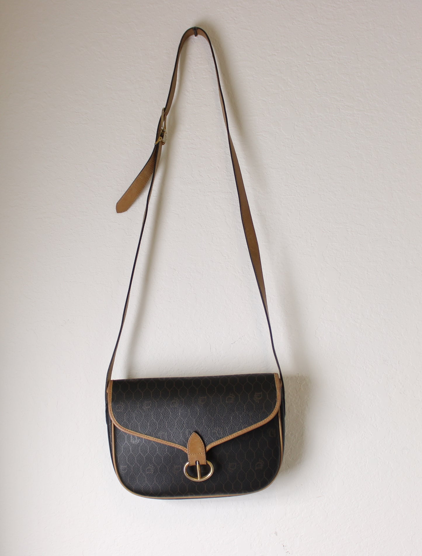 Christian Dior Brown Honeycomb Pattern Flap Crossbody Bag Vintage