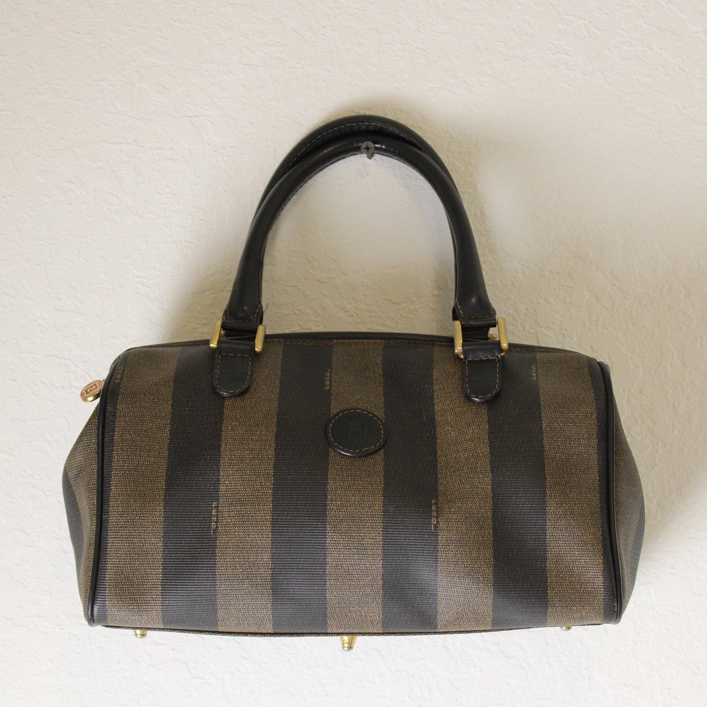 Fendi Tobacco Pequin Striped Coated Canvas Boston Bag Vintage
