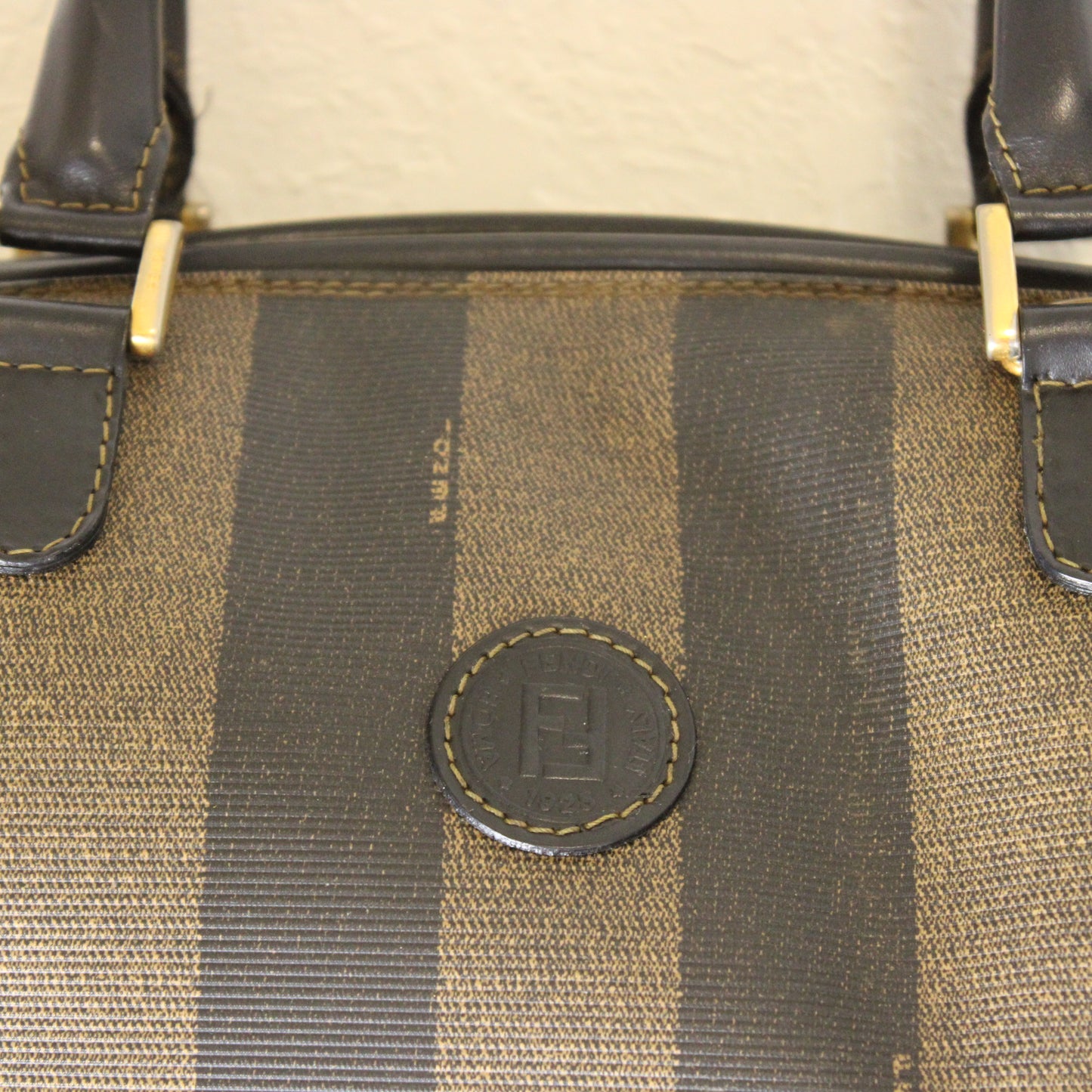 Fendi Tobacco Pequin Striped Coated Canvas Boston Bag Vintage