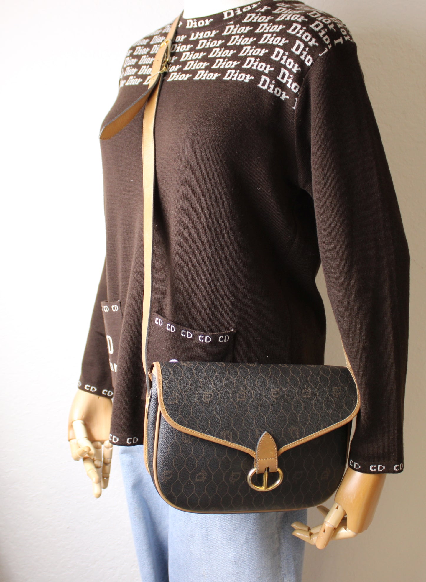 Christian Dior Brown Honeycomb Pattern Flap Crossbody Bag Vintage