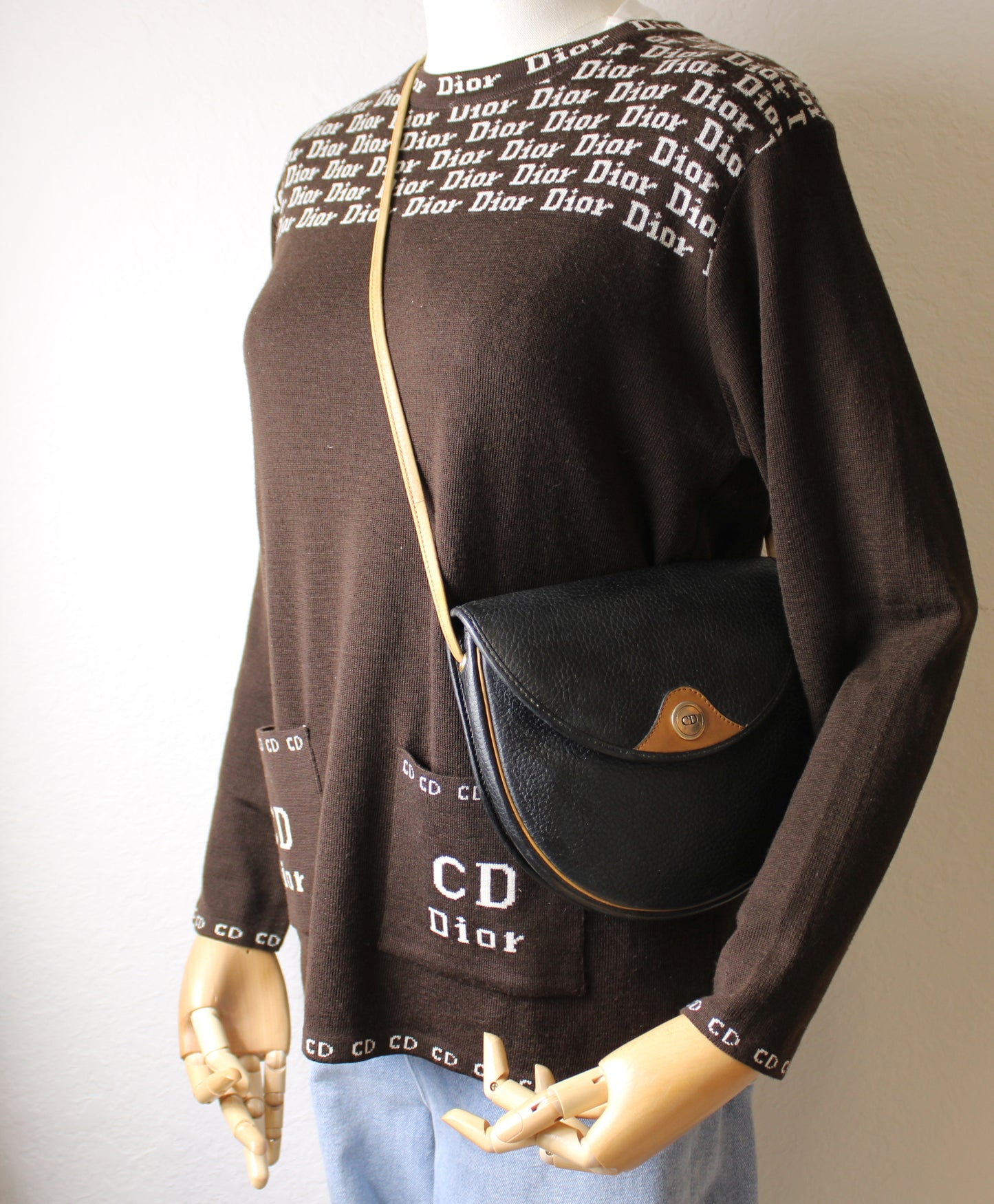 Christian Dior Besace Two-Tone Black Grained Leather Crossbody Bag Vintage