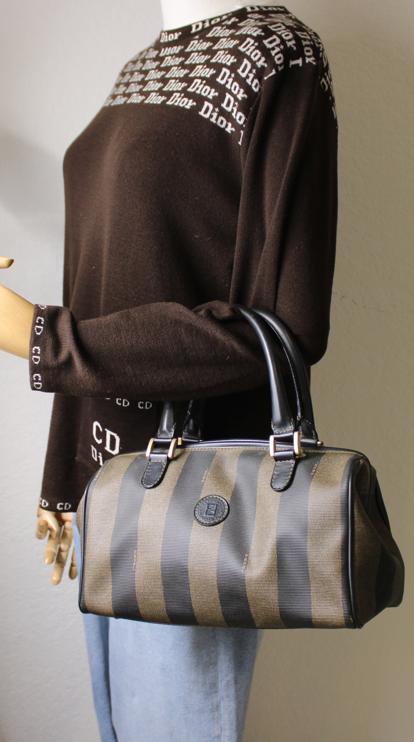 Fendi Tobacco Pequin Striped Coated Canvas Boston Bag Vintage