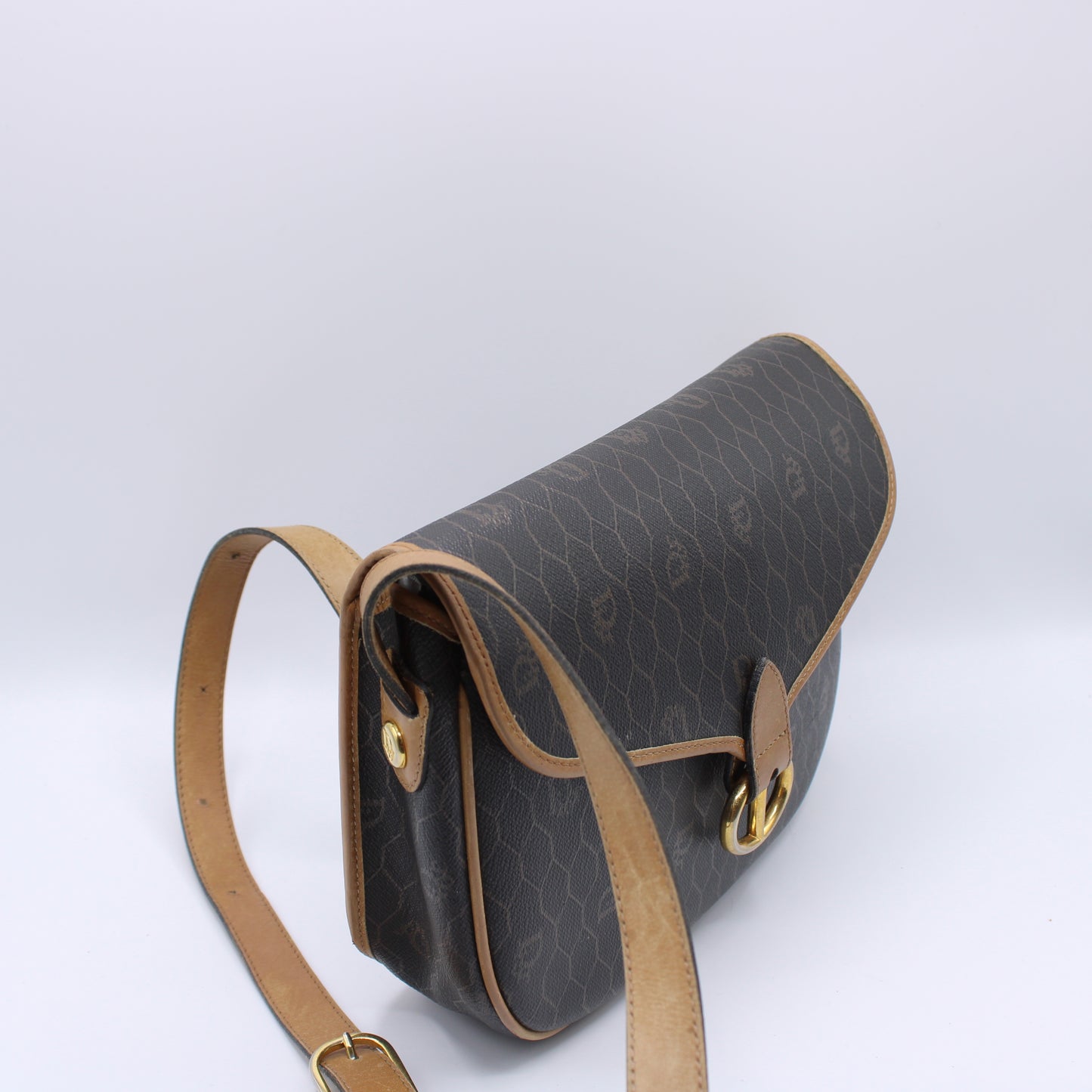 Christian Dior Brown Honeycomb Pattern Flap Crossbody Bag Vintage