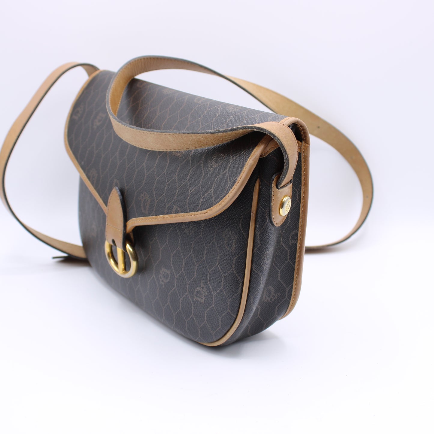 Christian Dior Brown Honeycomb Pattern Flap Crossbody Bag Vintage