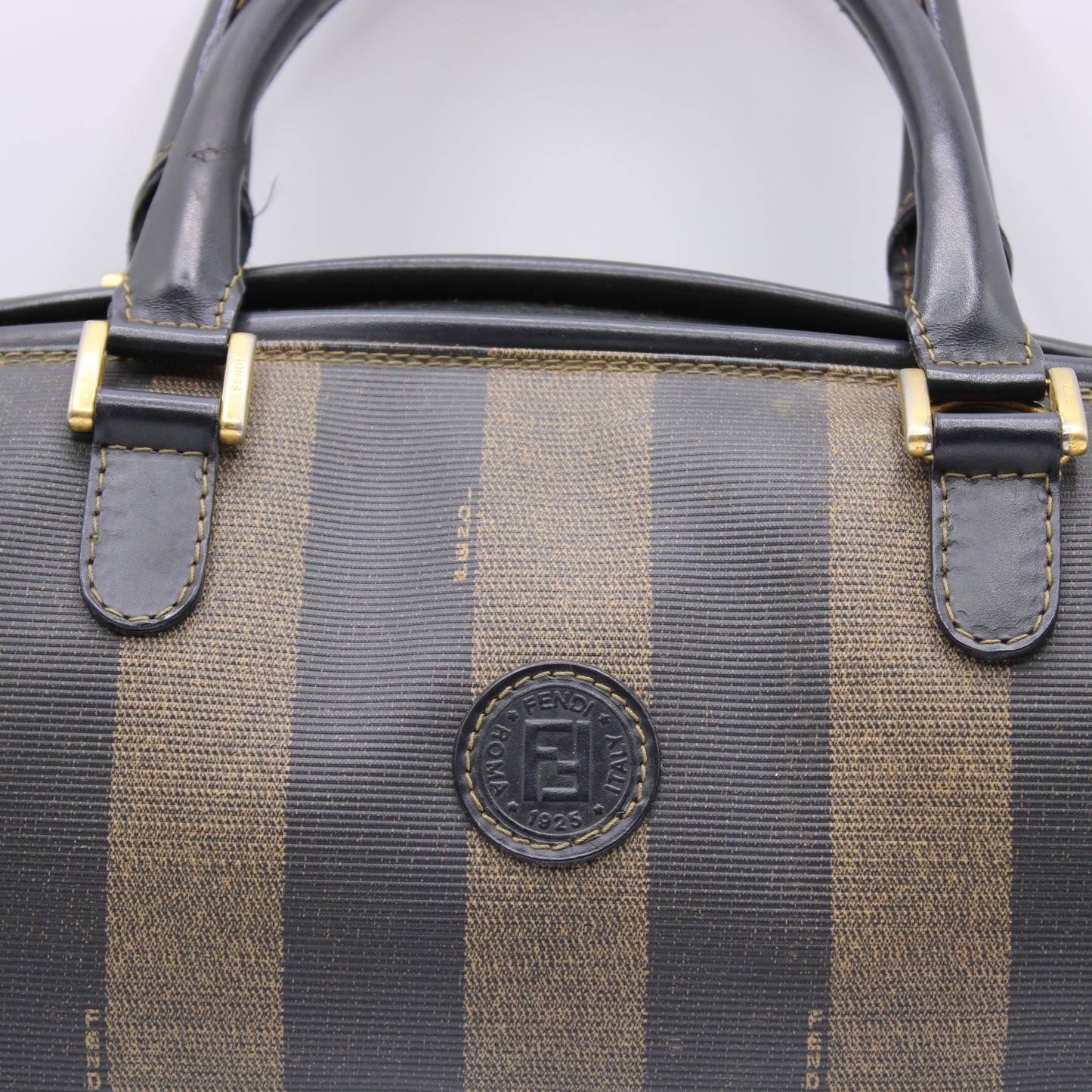 Fendi Tobacco Pequin Striped Coated Canvas Boston Bag Vintage