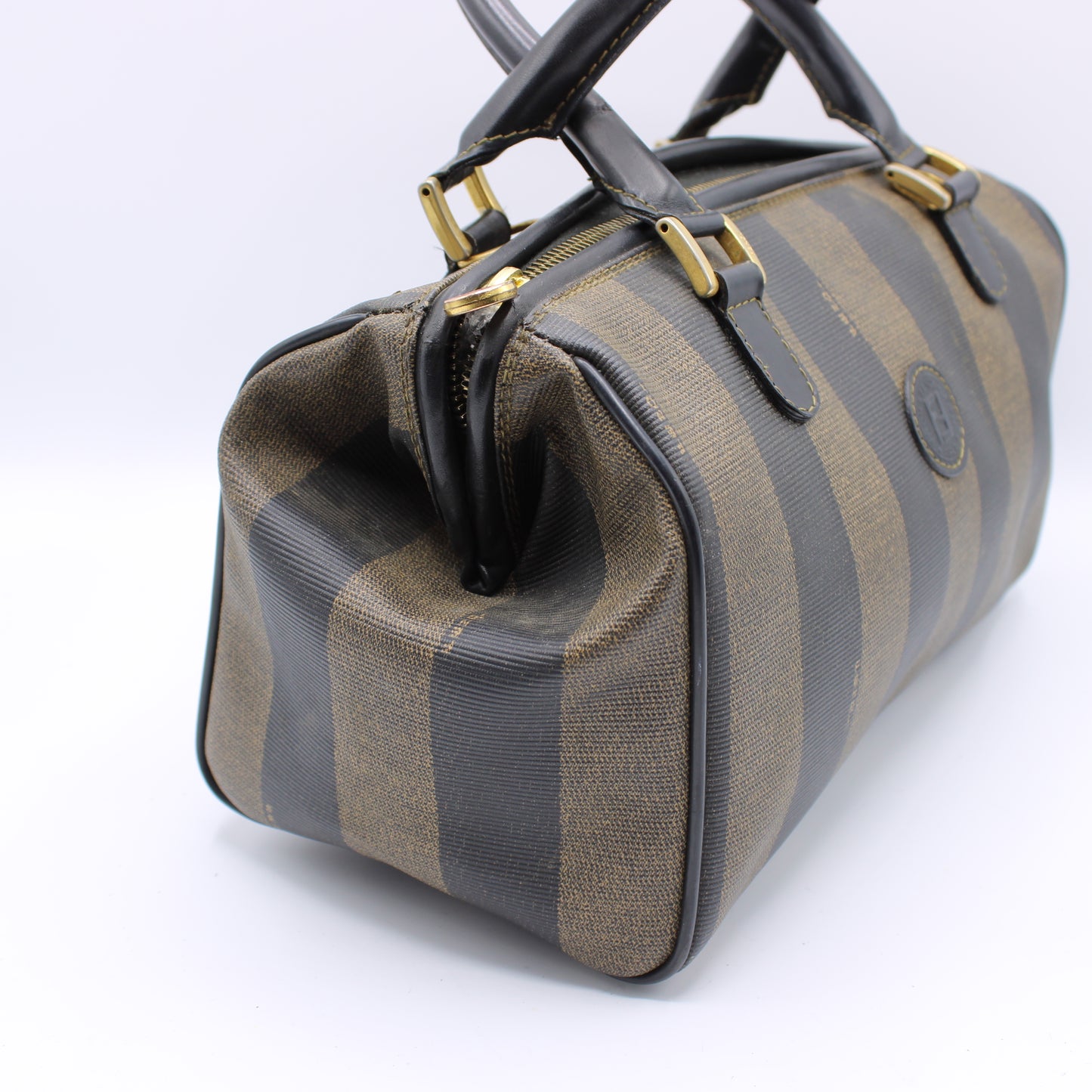Fendi Tobacco Pequin Striped Coated Canvas Boston Bag Vintage