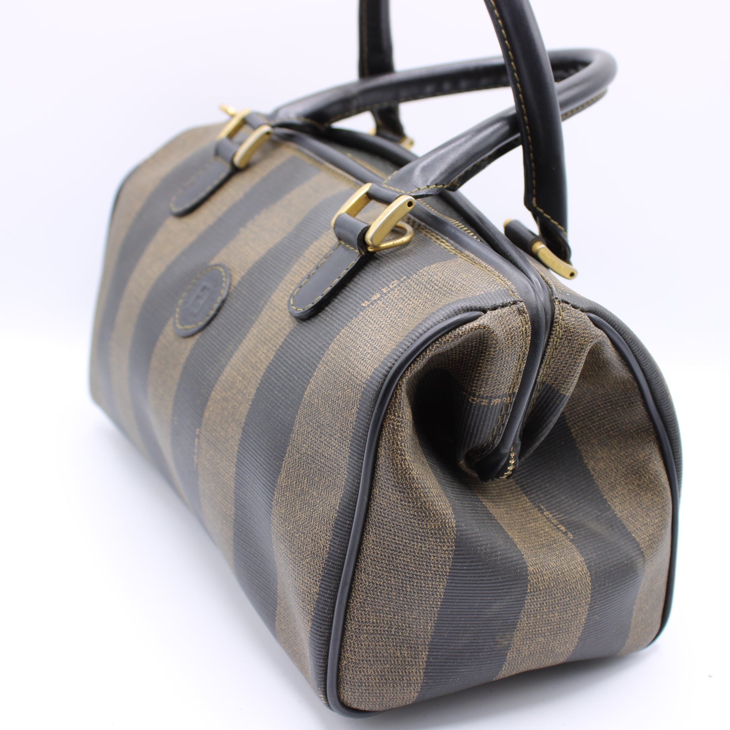 Fendi Tobacco Pequin Striped Coated Canvas Boston Bag Vintage