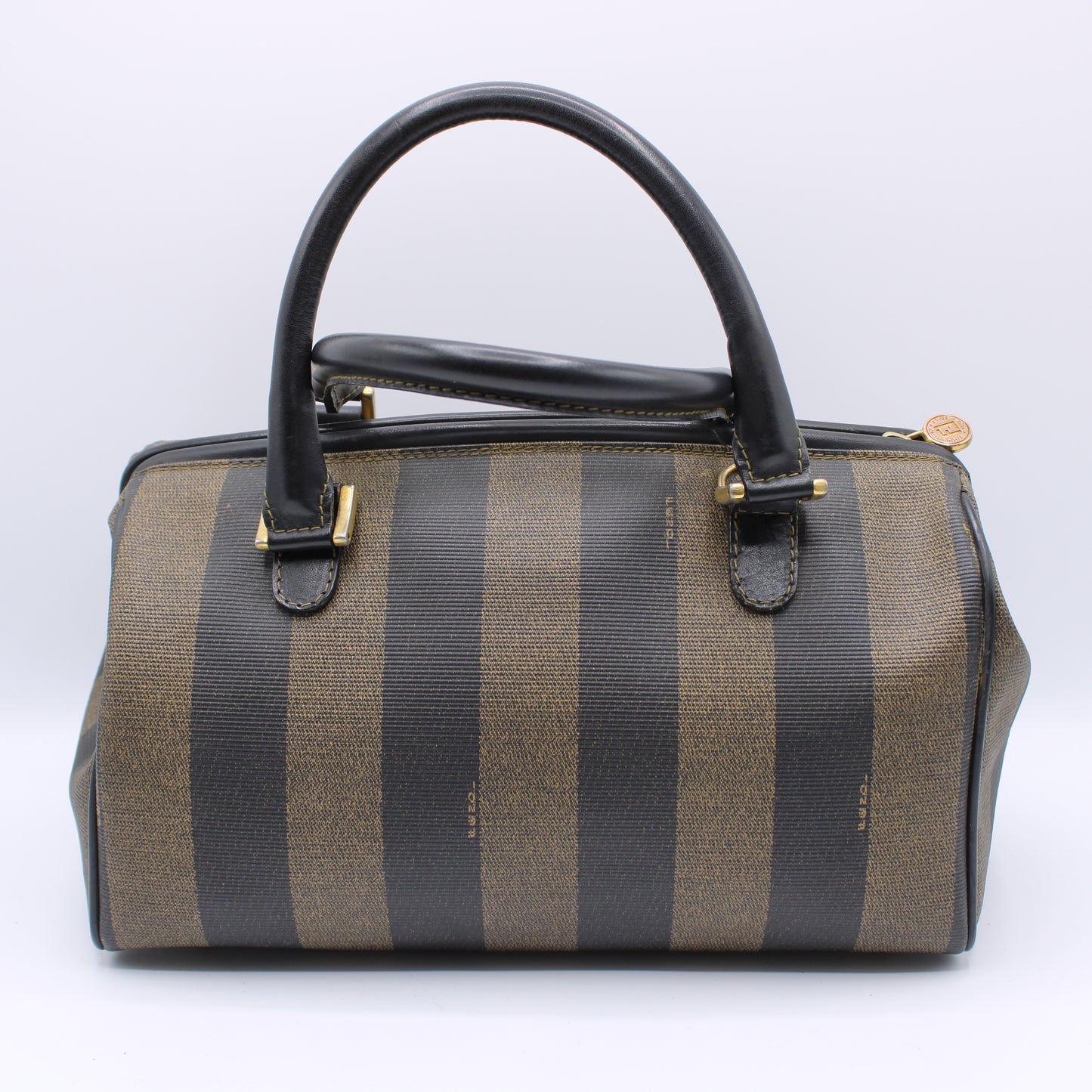 Fendi Tobacco Pequin Striped Coated Canvas Boston Bag Vintage