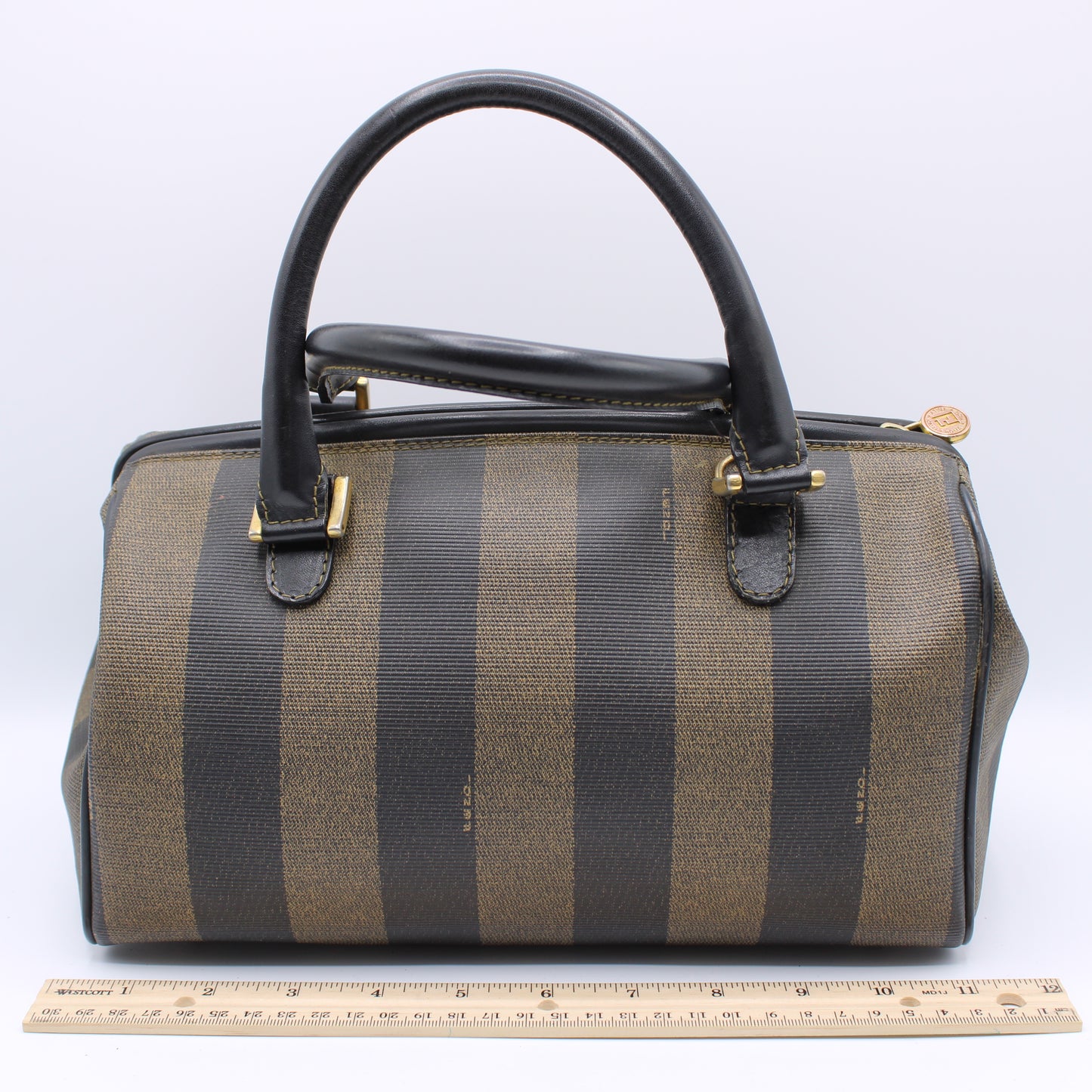 Fendi Tobacco Pequin Striped Coated Canvas Boston Bag Vintage