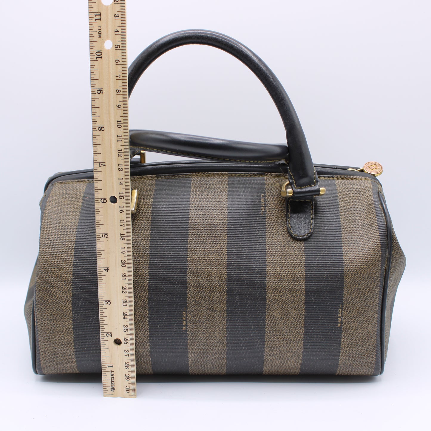 Fendi Tobacco Pequin Striped Coated Canvas Boston Bag Vintage