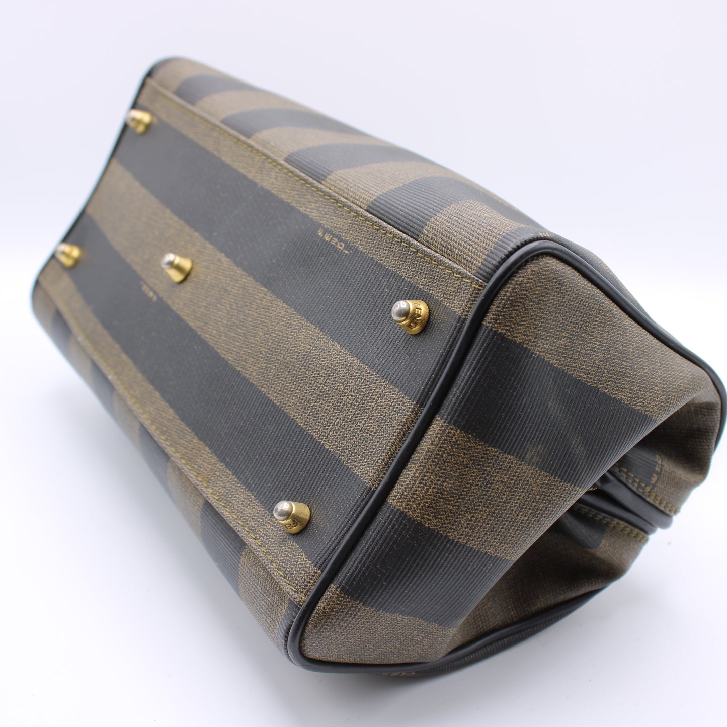 Fendi Tobacco Pequin Striped Coated Canvas Boston Bag Vintage