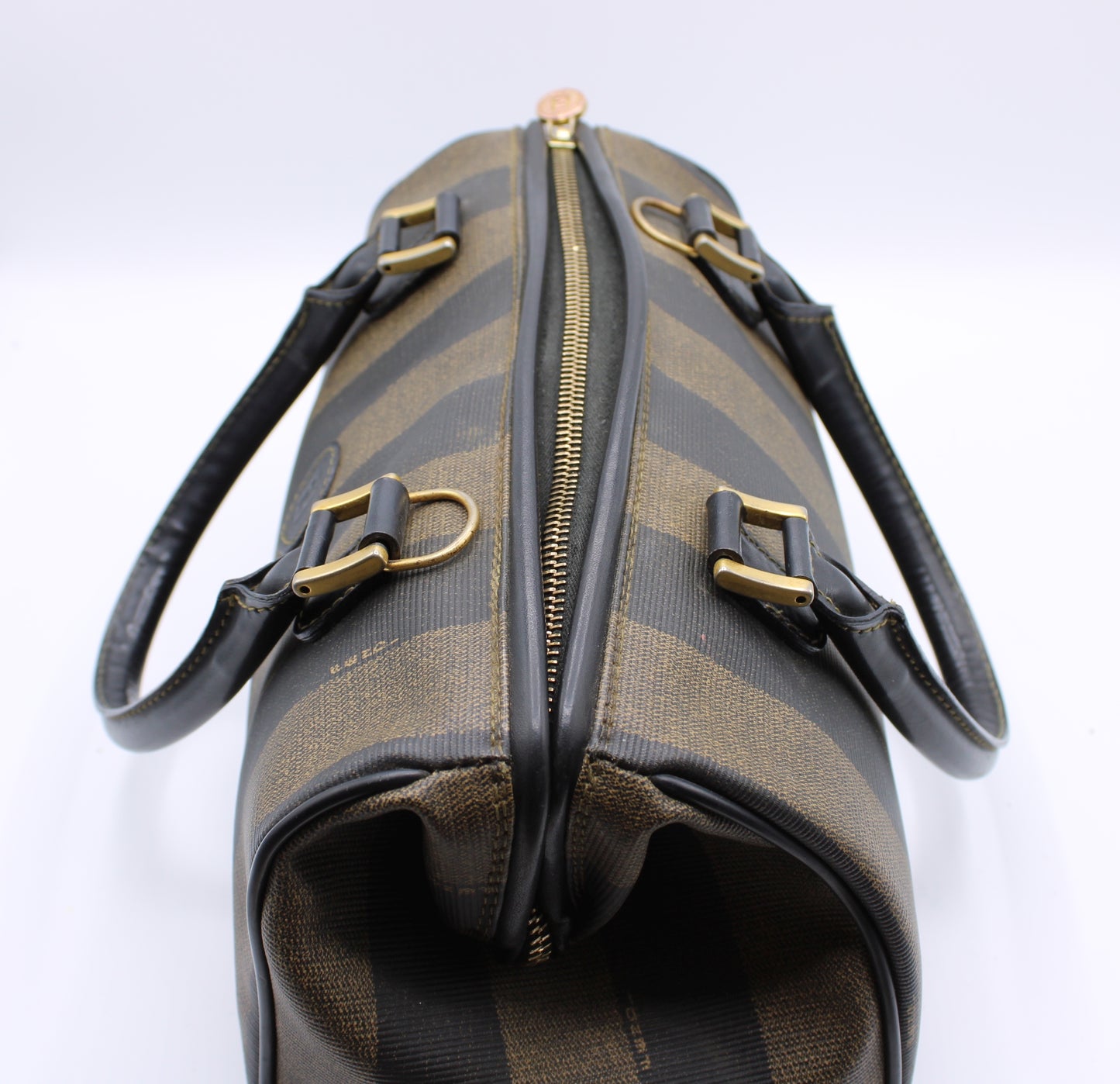 Fendi Tobacco Pequin Striped Coated Canvas Boston Bag Vintage
