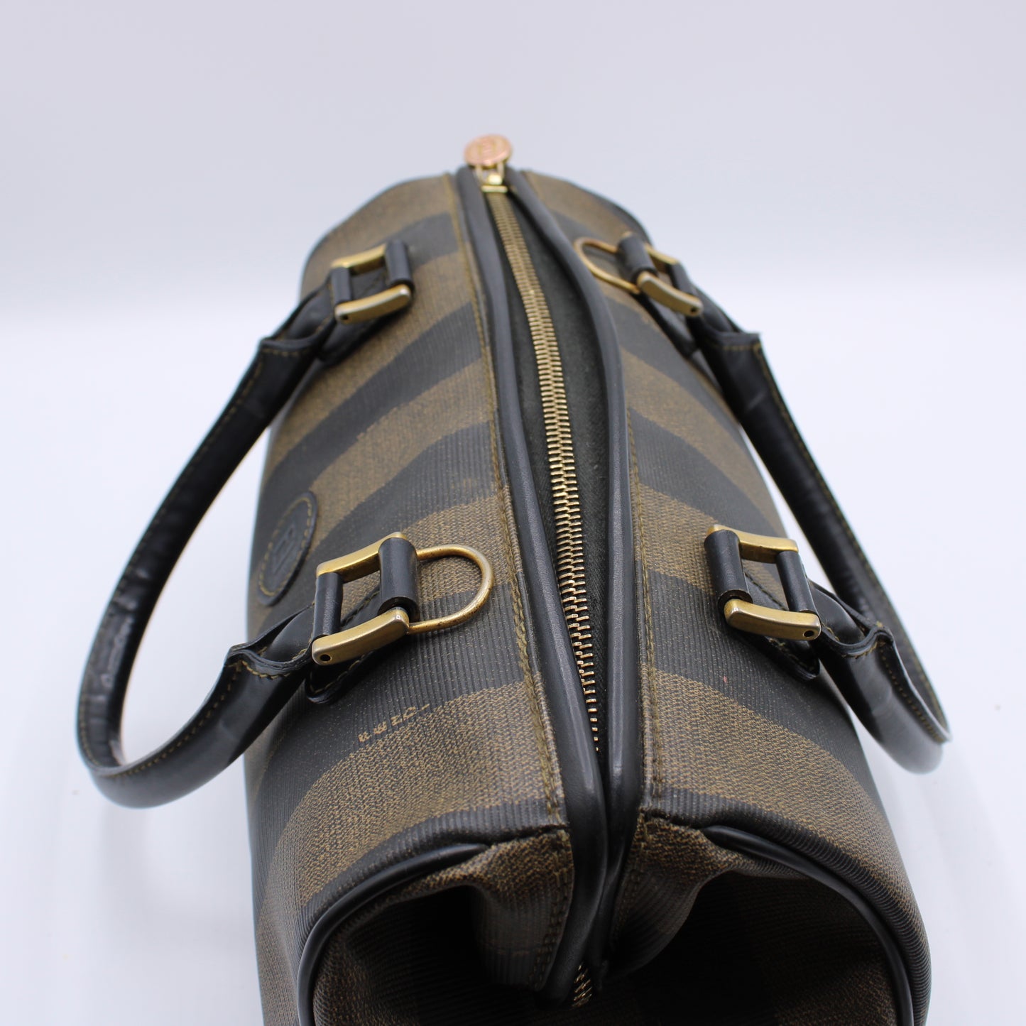 Fendi Tobacco Pequin Striped Coated Canvas Boston Bag Vintage