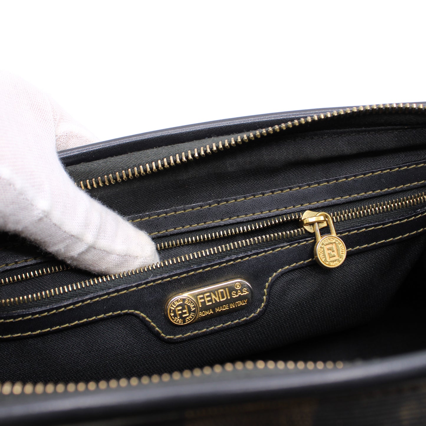 Fendi Tobacco Pequin Striped Coated Canvas Boston Bag Vintage
