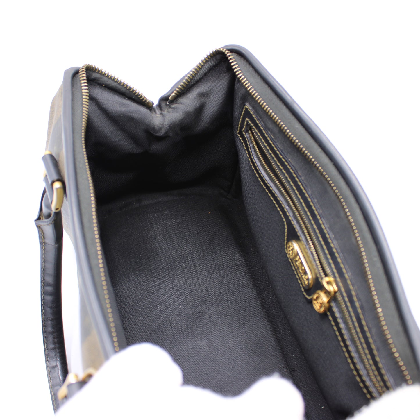 Fendi Tobacco Pequin Striped Coated Canvas Boston Bag Vintage