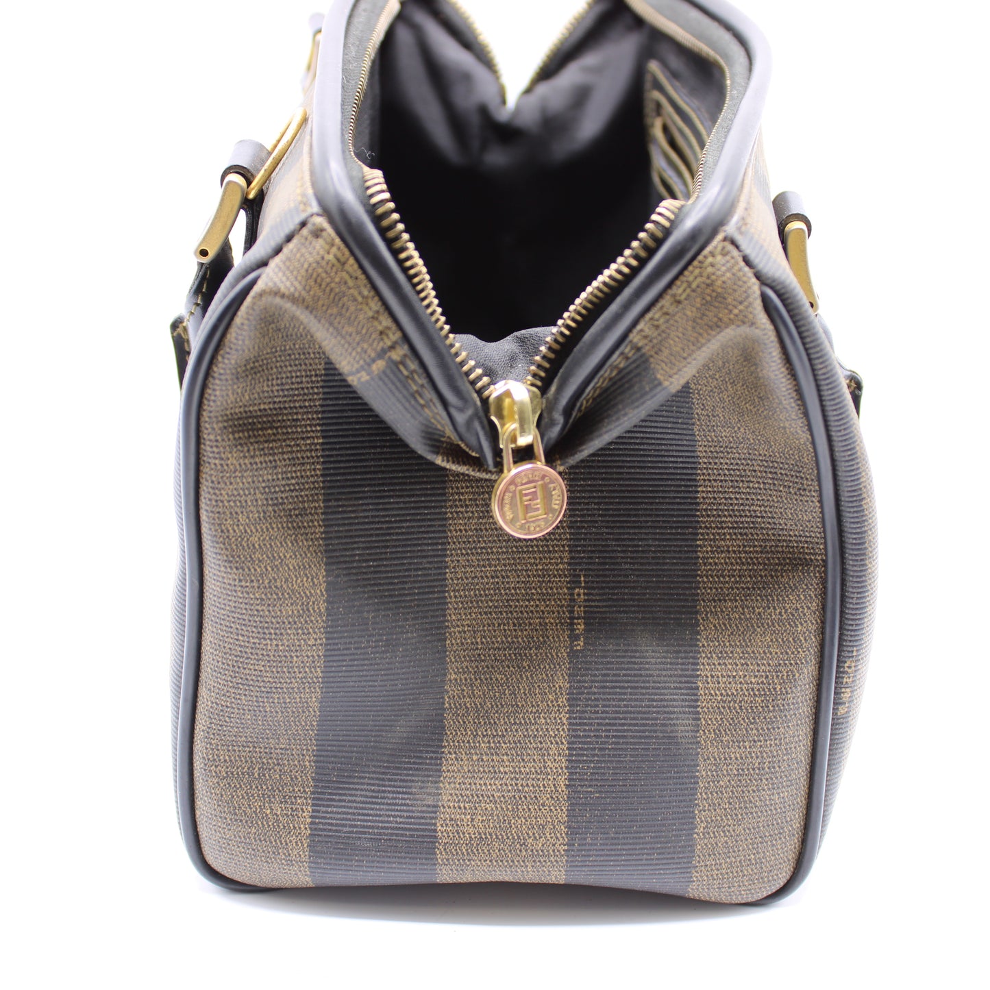 Fendi Tobacco Pequin Striped Coated Canvas Boston Bag Vintage