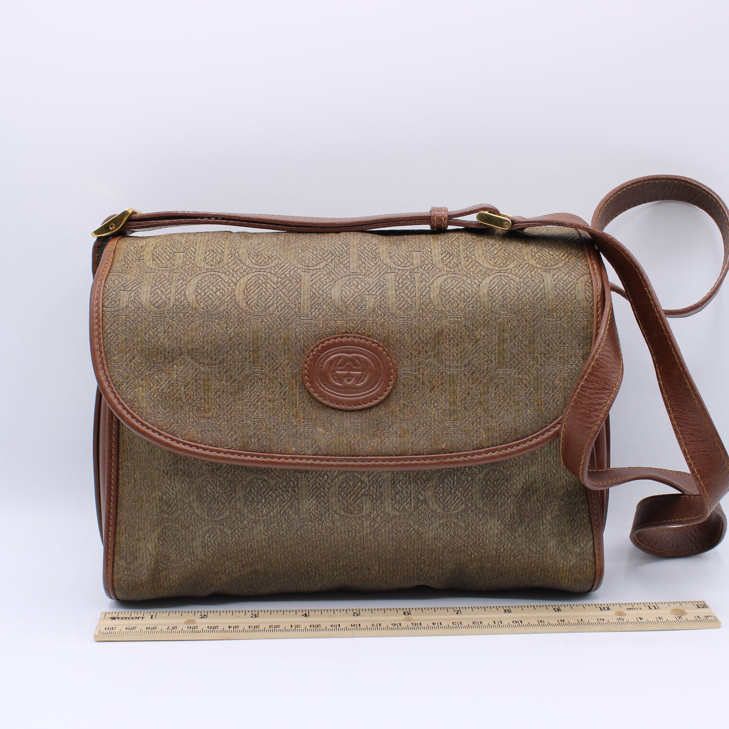 Gucci Brown Monogram Flap Over Crossbody Bag Vintage