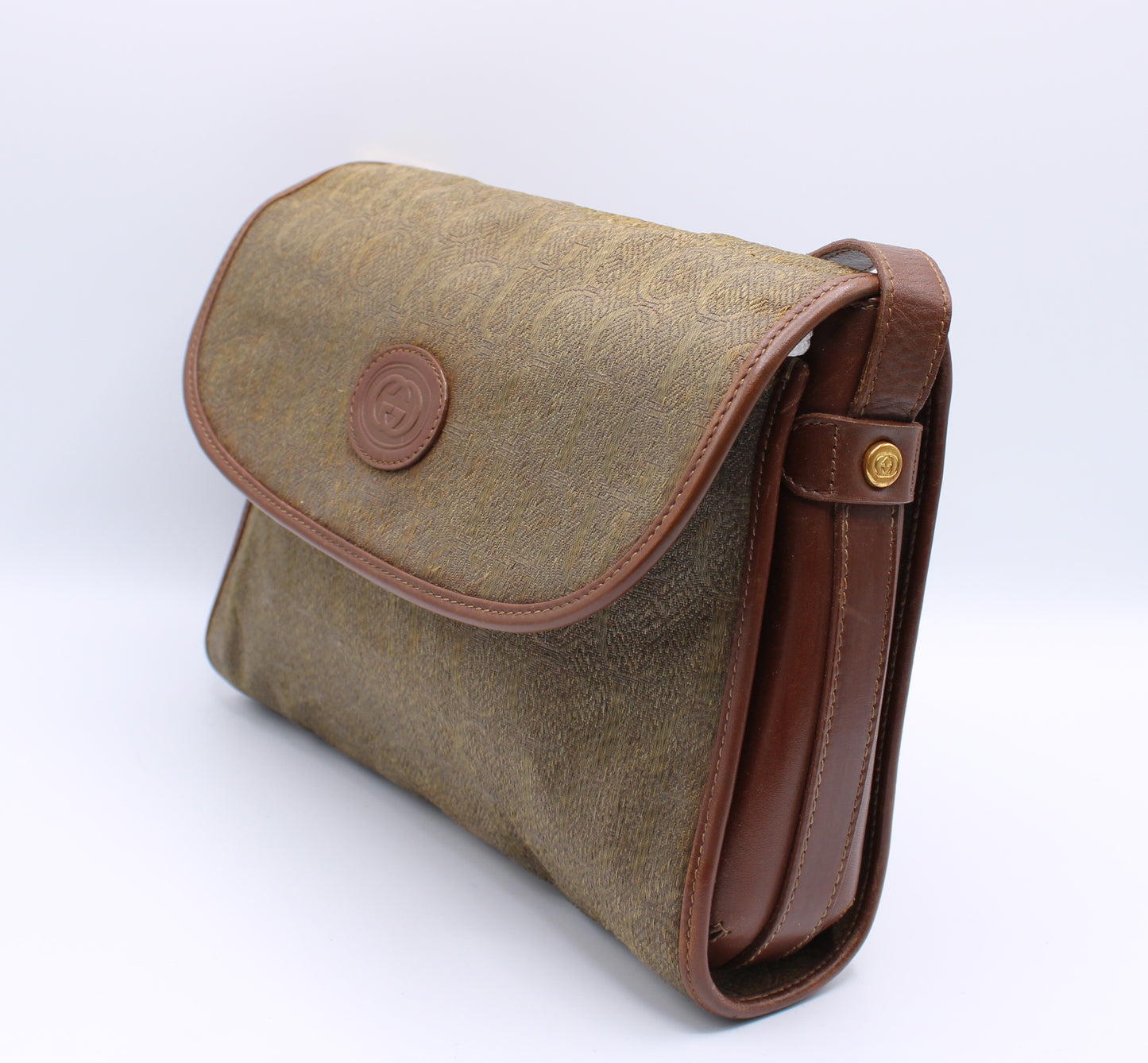 Gucci Brown Monogram Flap Over Crossbody Bag Vintage