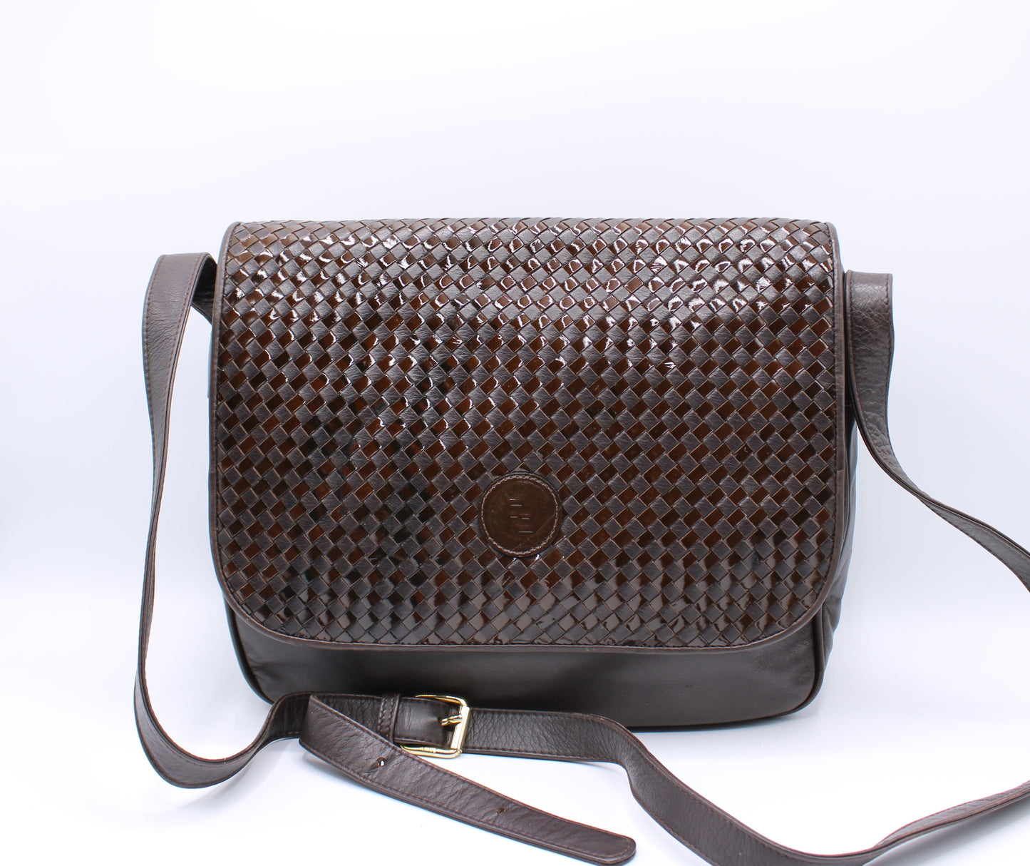 Fendi Brown Woven Leather Flap Crossbody Bag Vintage