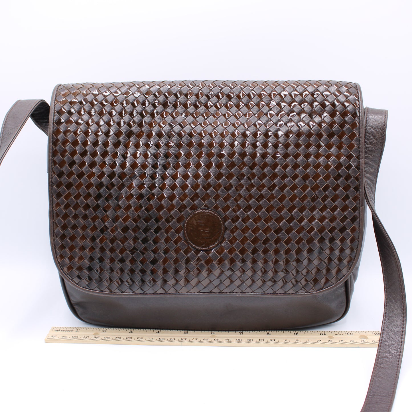 Fendi Brown Woven Leather Flap Crossbody Bag Vintage