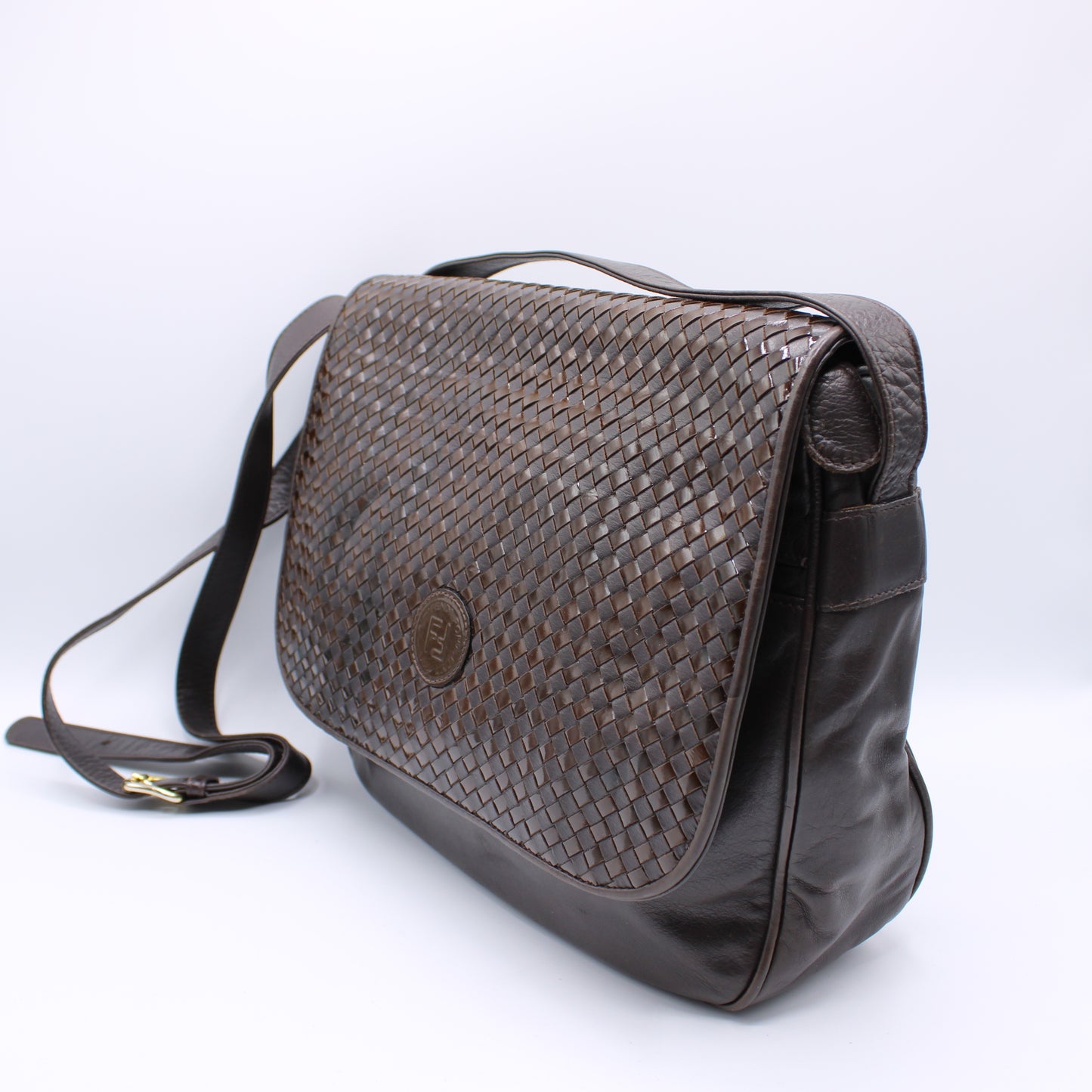 Fendi Brown Woven Leather Flap Crossbody Bag Vintage