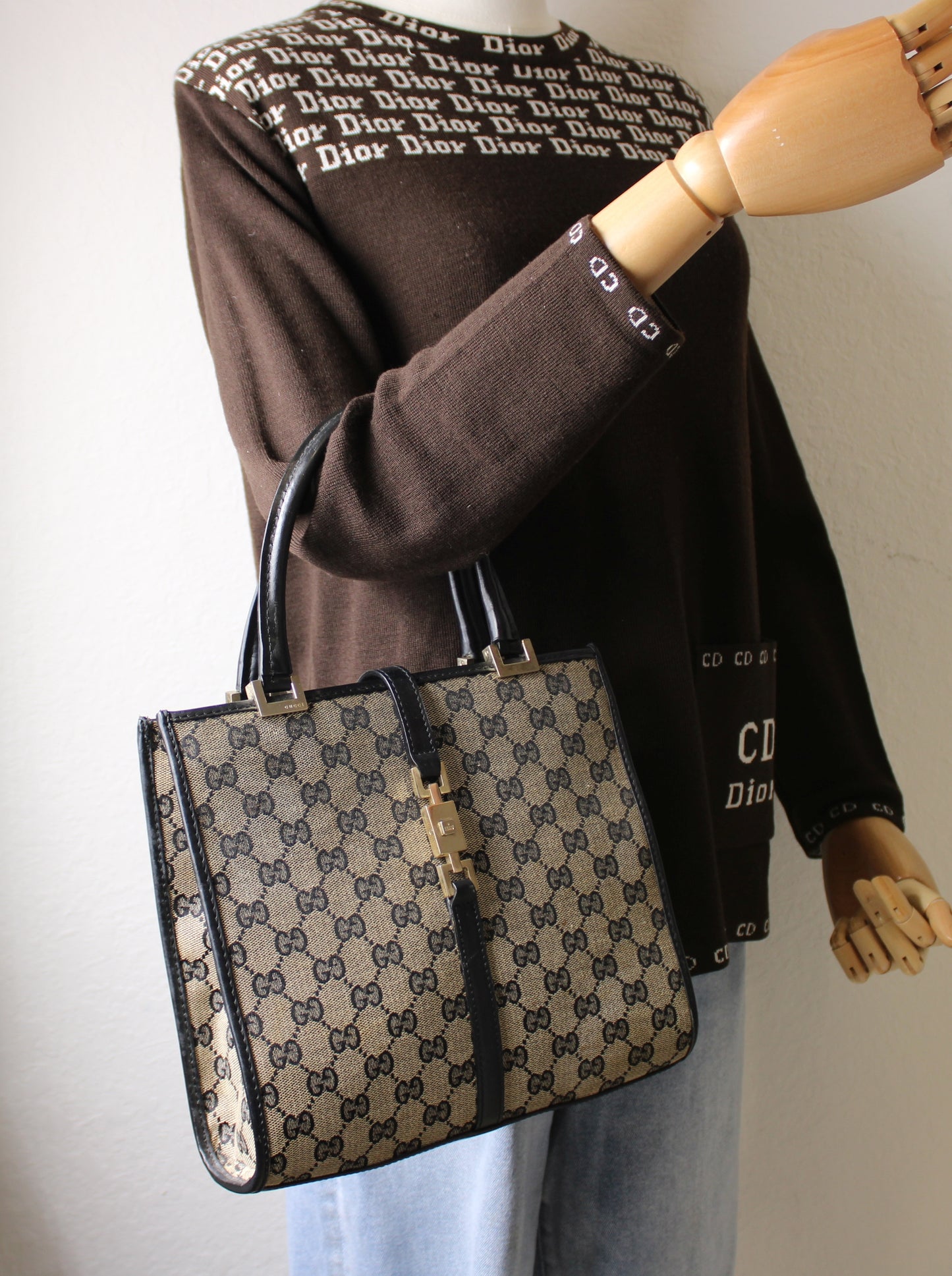 Gucci GG Brown Monogram Small Jackie Line Top Handle Tote Bag Vintage