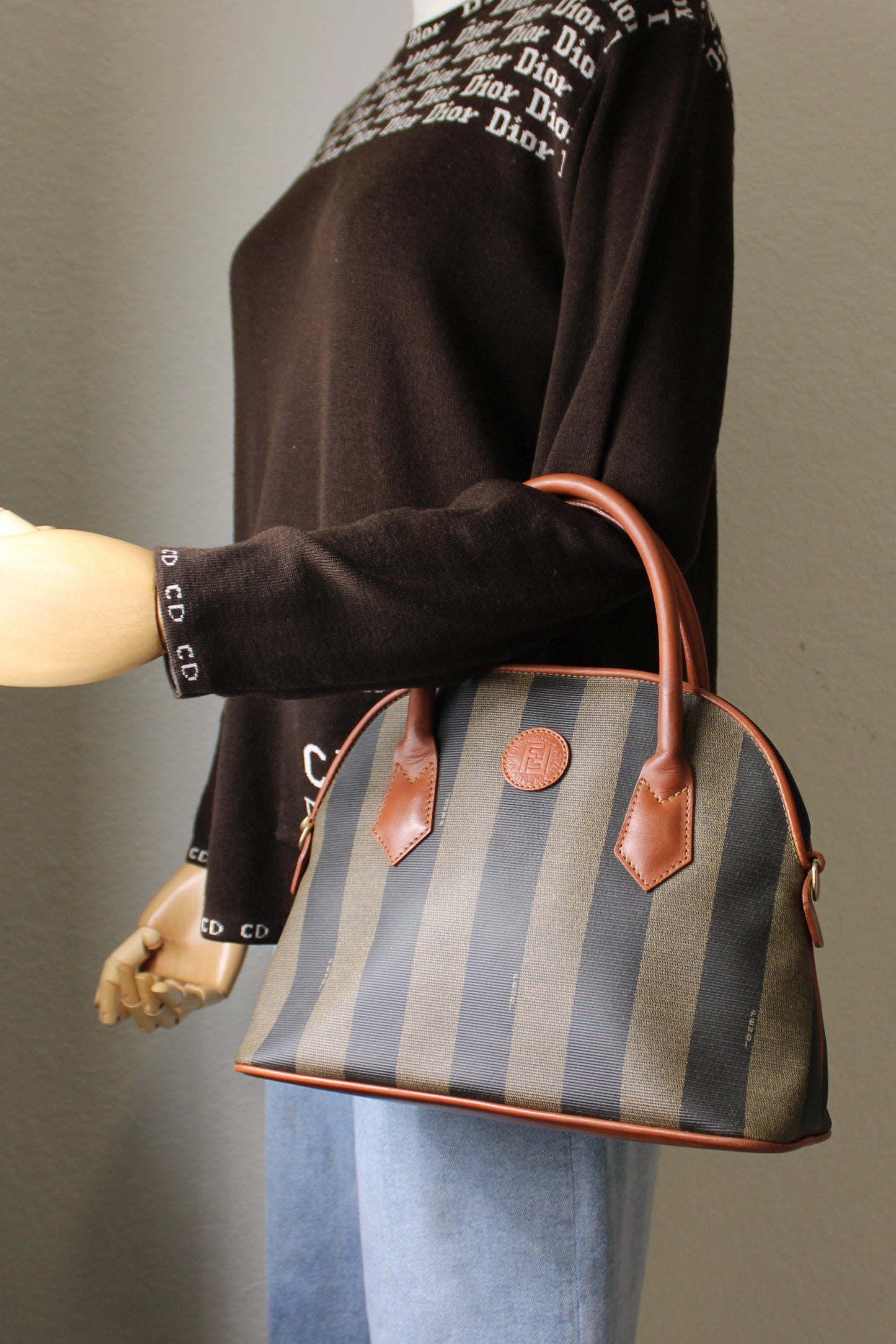 Fendi Leather Trimmed Medium Pequin Karl Lagerfeld Dome Bag Vintage #2