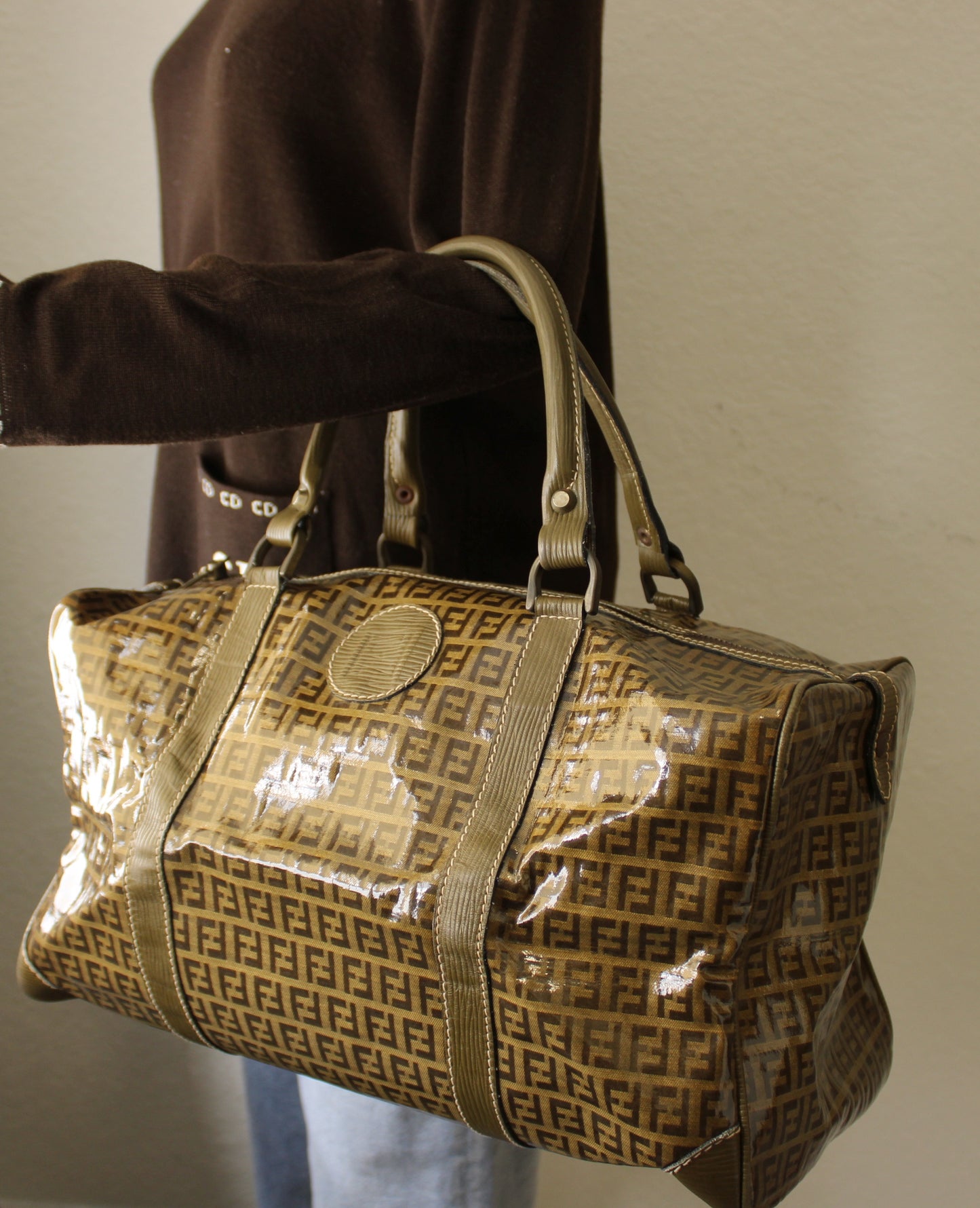 Fendi Boston Zucca Patent Leather Travel Bag Vintage