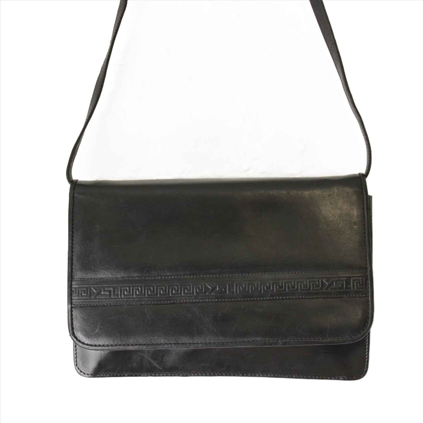 Yves Saint Laurent Black Embossed Lettering Leather Crossbody Bag close up