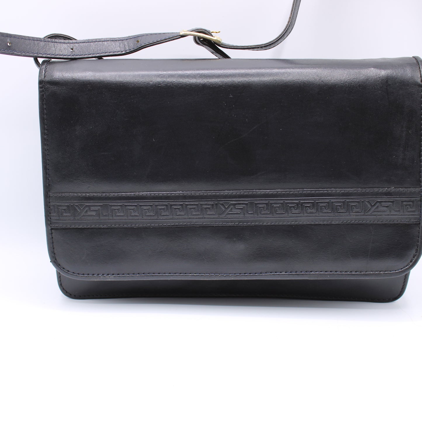 Yves Saint Laurent Black Embossed Lettering Leather Crossbody Bag Vintage