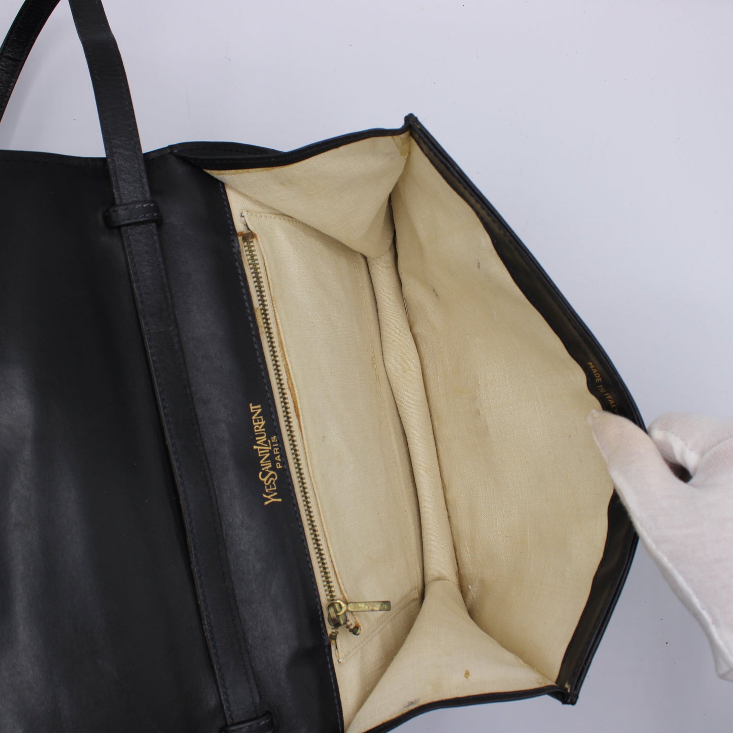 Yves Saint Laurent Black Embossed Lettering Leather Crossbody Bag Vintage