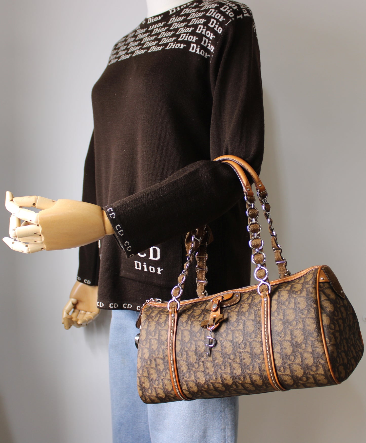 Christian Dior Monogram Romantique Barrel Brown Satchel Bag Vintage