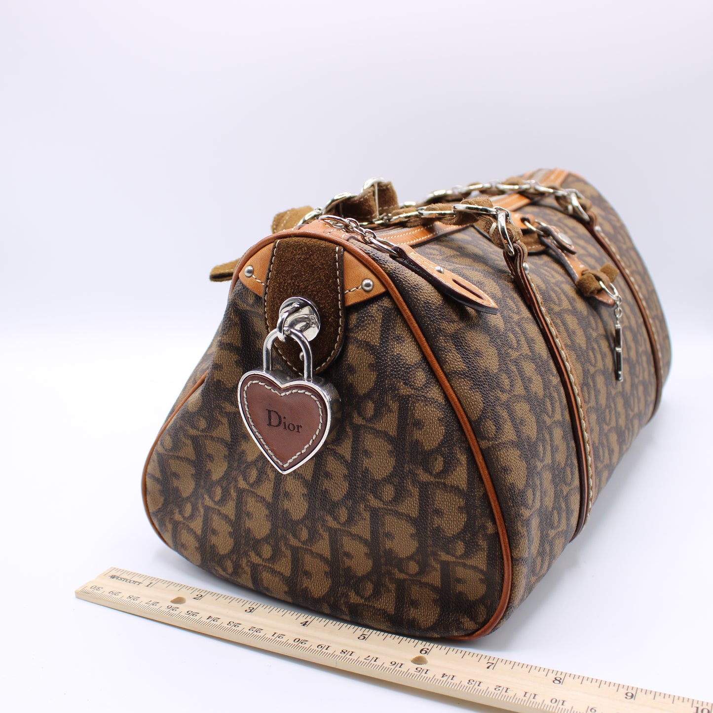 Christian Dior Monogram Romantique Barrel Brown Satchel Bag Vintage