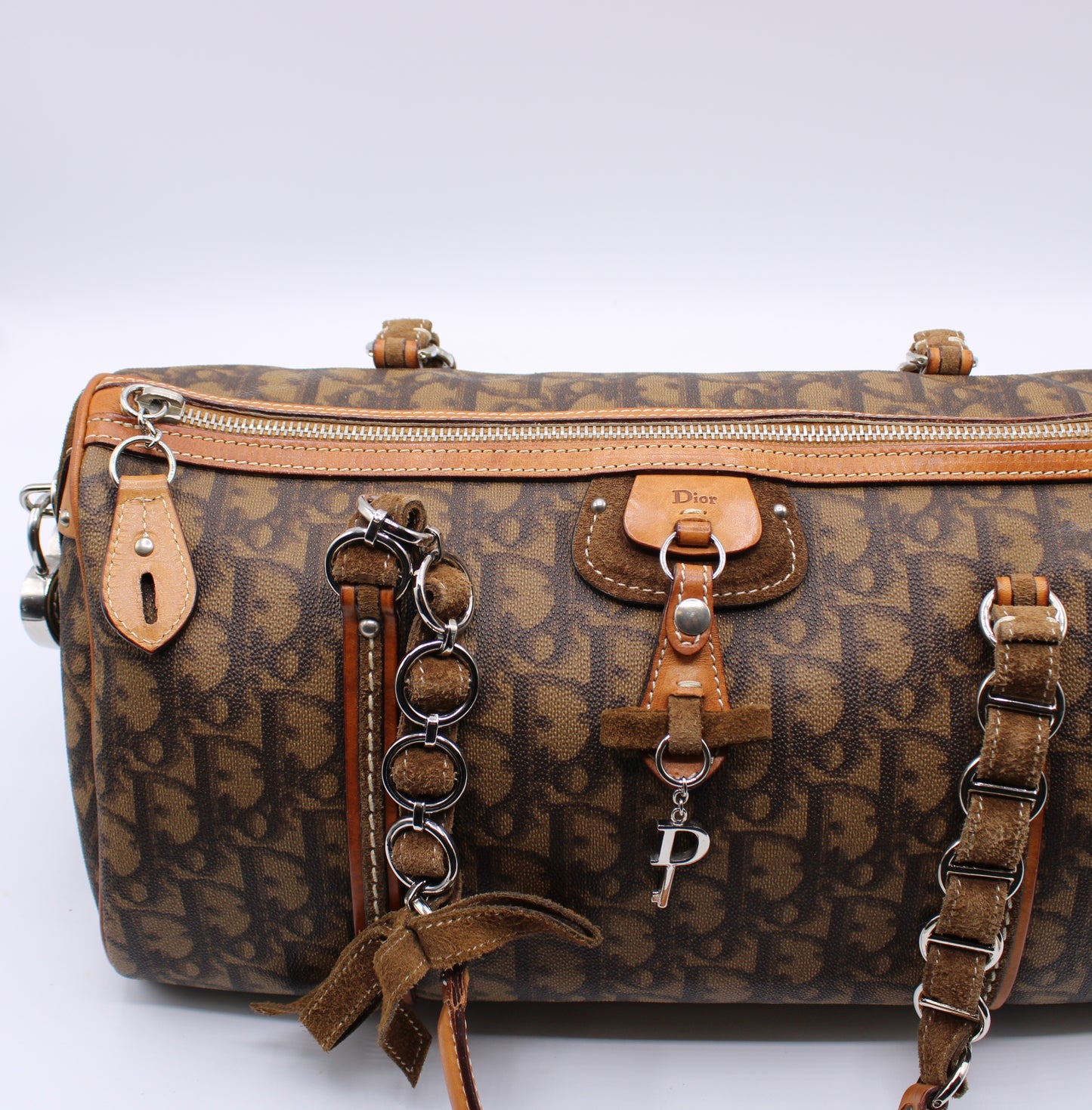 Christian Dior Monogram Romantique Barrel Brown Satchel Bag Vintage