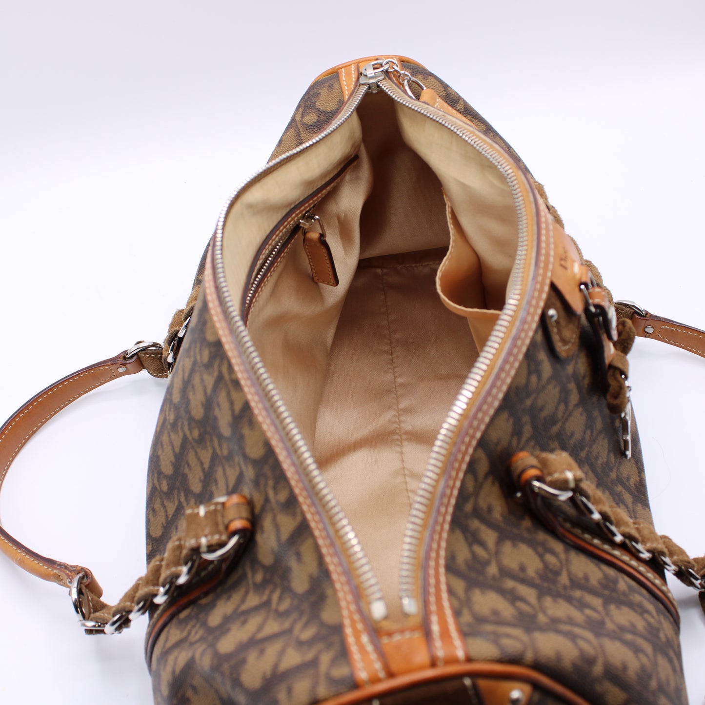 Christian Dior Monogram Romantique Barrel Brown Satchel Bag Vintage