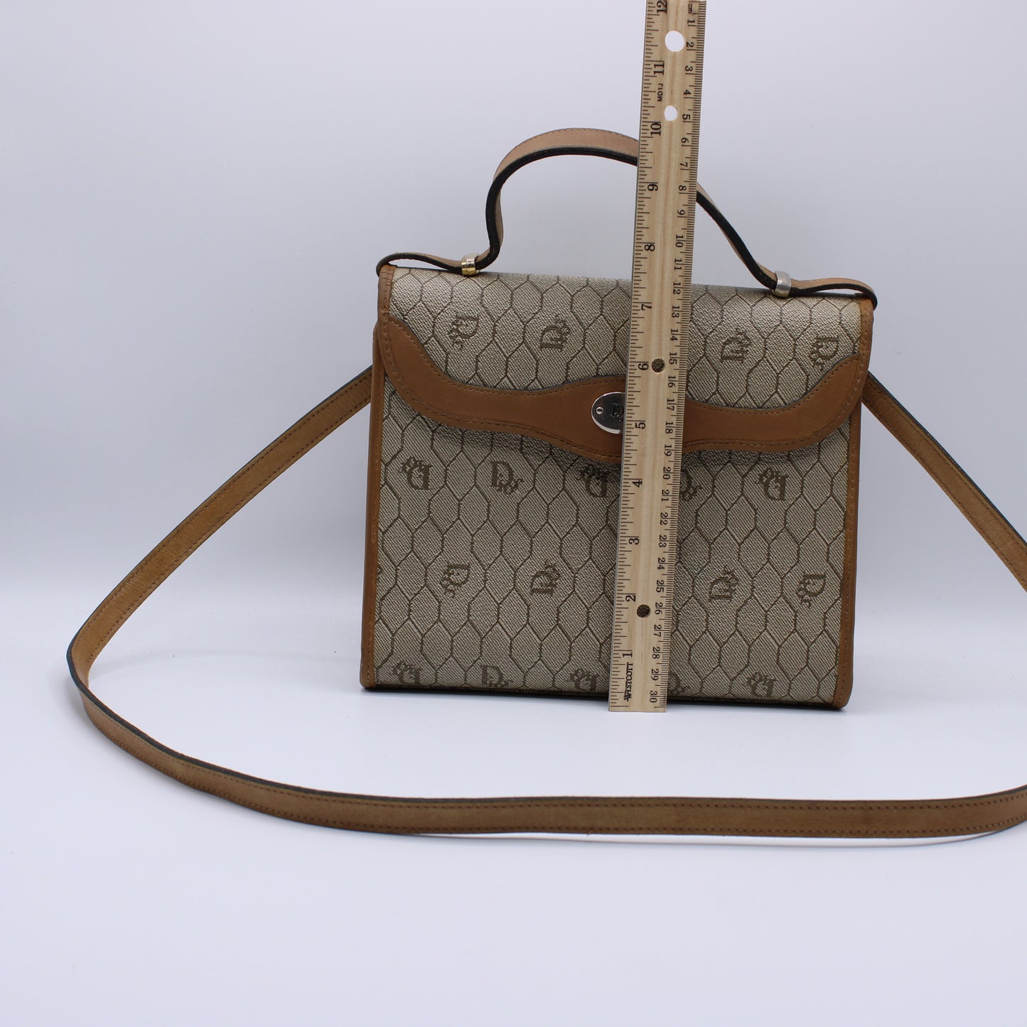 Christian Dior Honeycomb Kelly Style Brown Canvas Leather Bag Vintage
