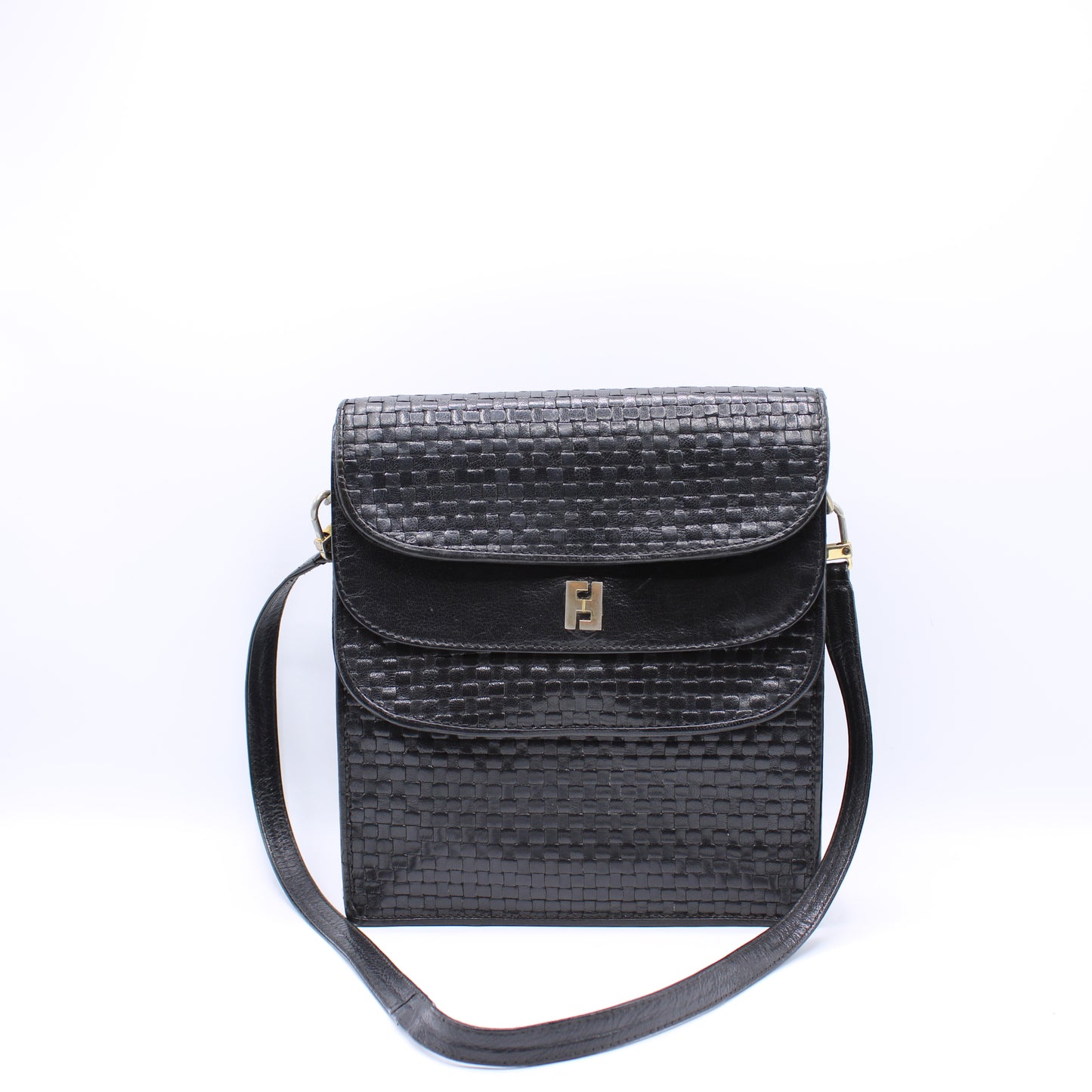 Fendi Black Woven Leather Multi-Pocket Shoulder Bag