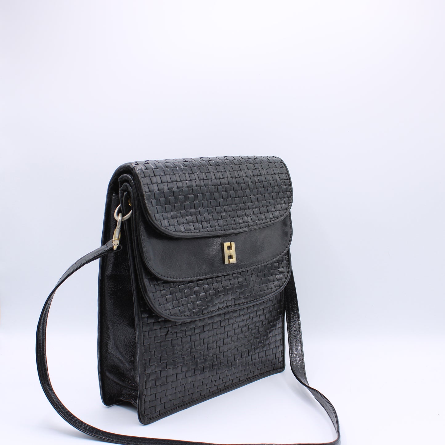 Fendi Black Woven Leather Multi-Pocket Shoulder Bag
