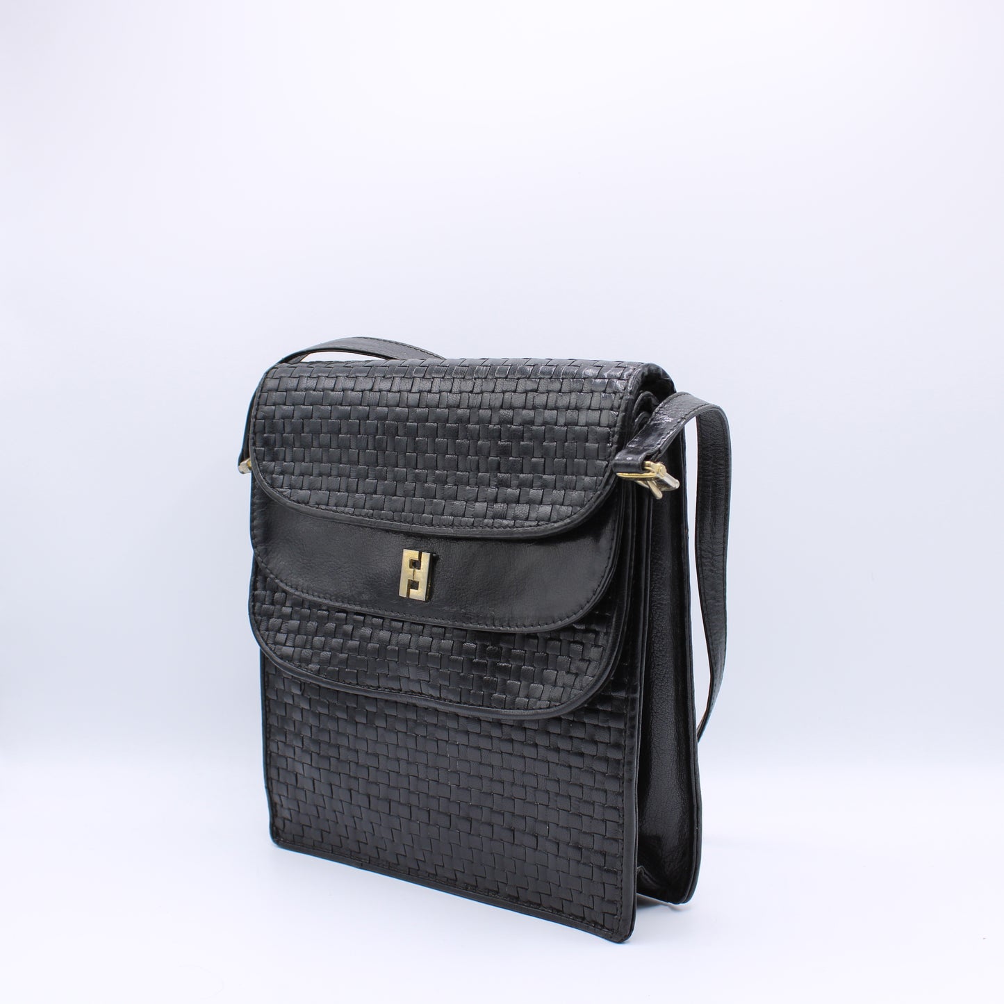 Fendi Black Woven Leather Multi-Pocket Shoulder Bag